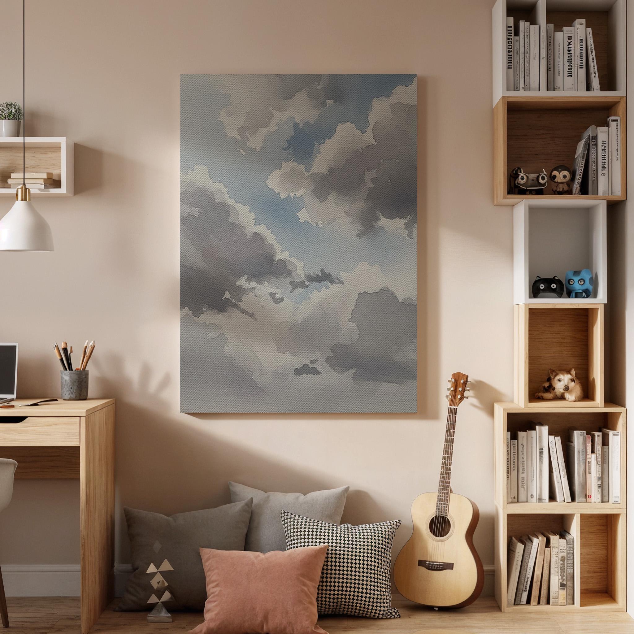 Soft Cloud Canvas Art, Calm Sky Wall Decor, Serene Modern Bedroom Style, Gentle Blue Gray Tones, Peaceful Interior Mood, Large Framed Canvas