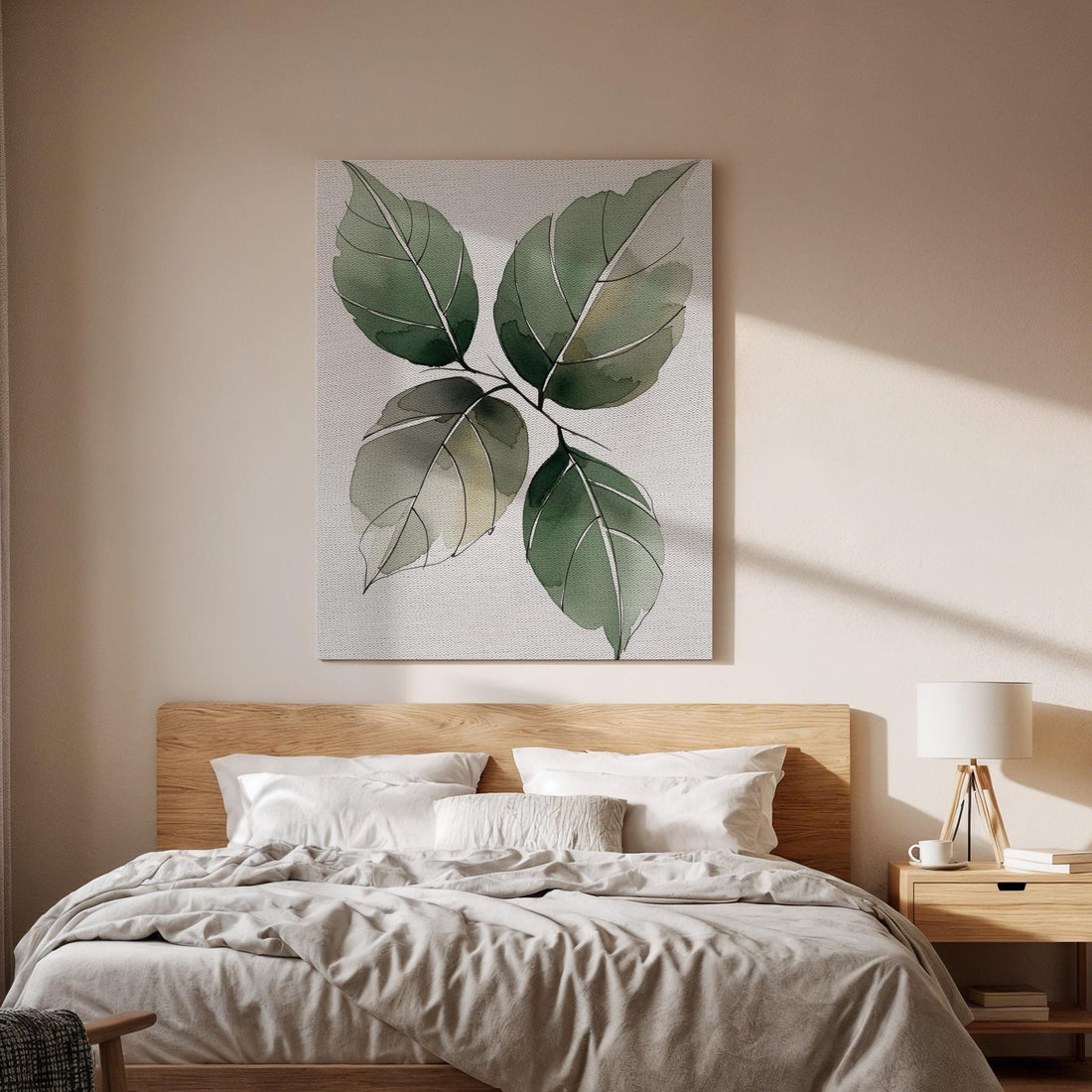 Botanical Leaf Canvas Art, Green Nature Wall Decor, Calm Modern Bedroom Style, Soft Organic Design, Natural Interior Harmony, Framed Canvas