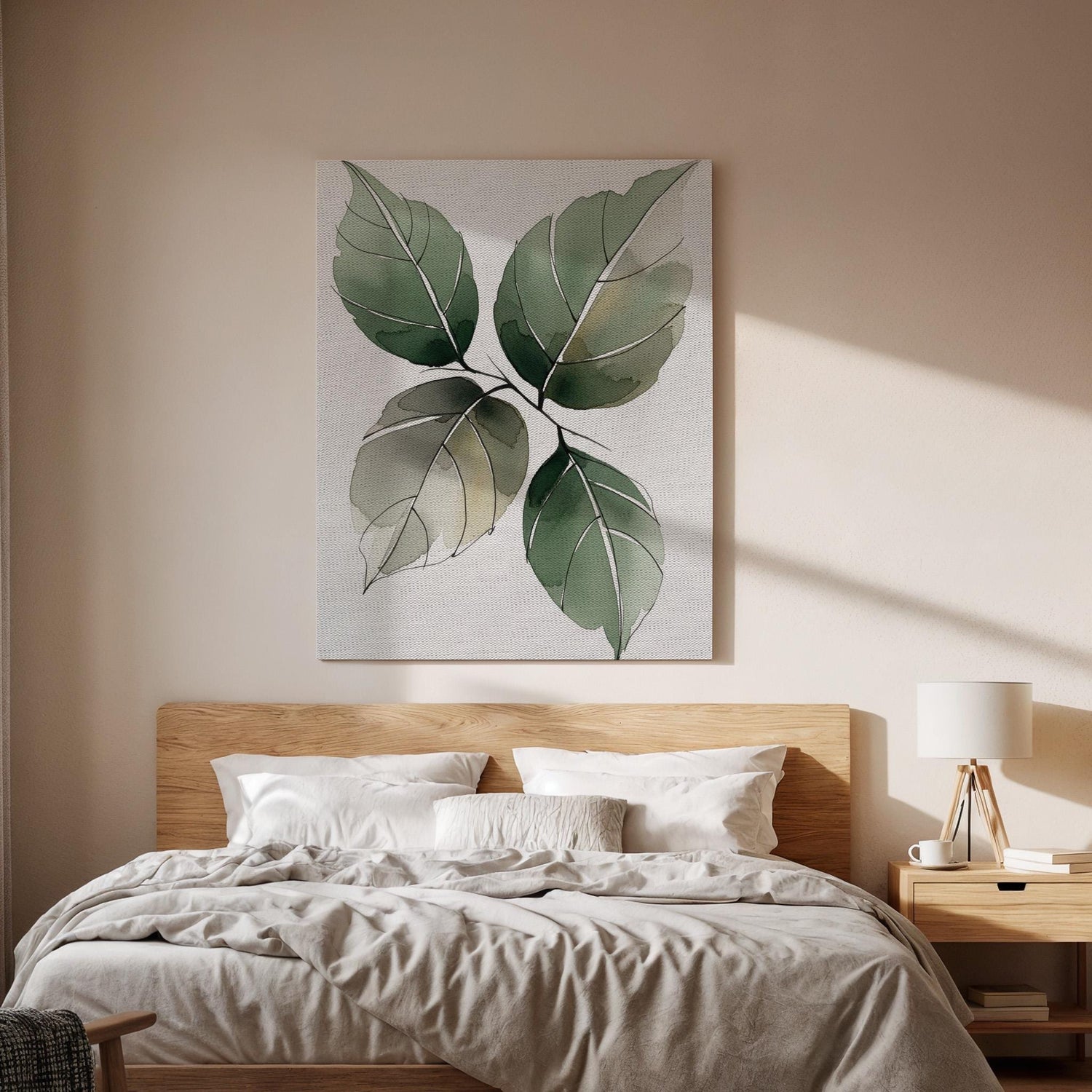 Botanical Leaf Canvas Art, Green Nature Wall Decor, Calm Modern Bedroom Style, Soft Organic Design, Natural Interior Harmony, Framed Canvas