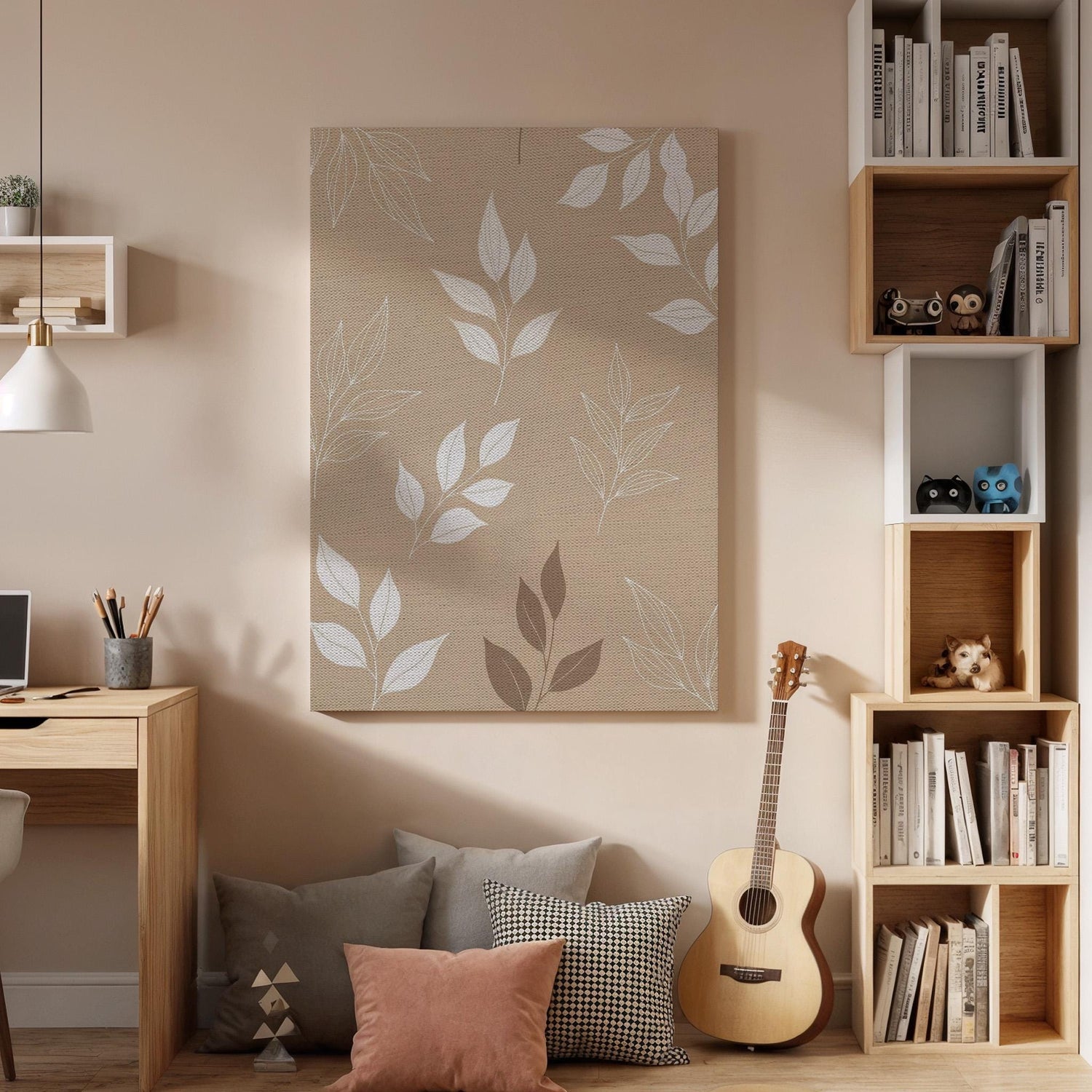 Botanical Canvas Art, Beige Leaf Wall Decor, Soft Nature Bedroom Style, Calm Organic Interior Design, Minimal Home Styling, Framed Canvas
