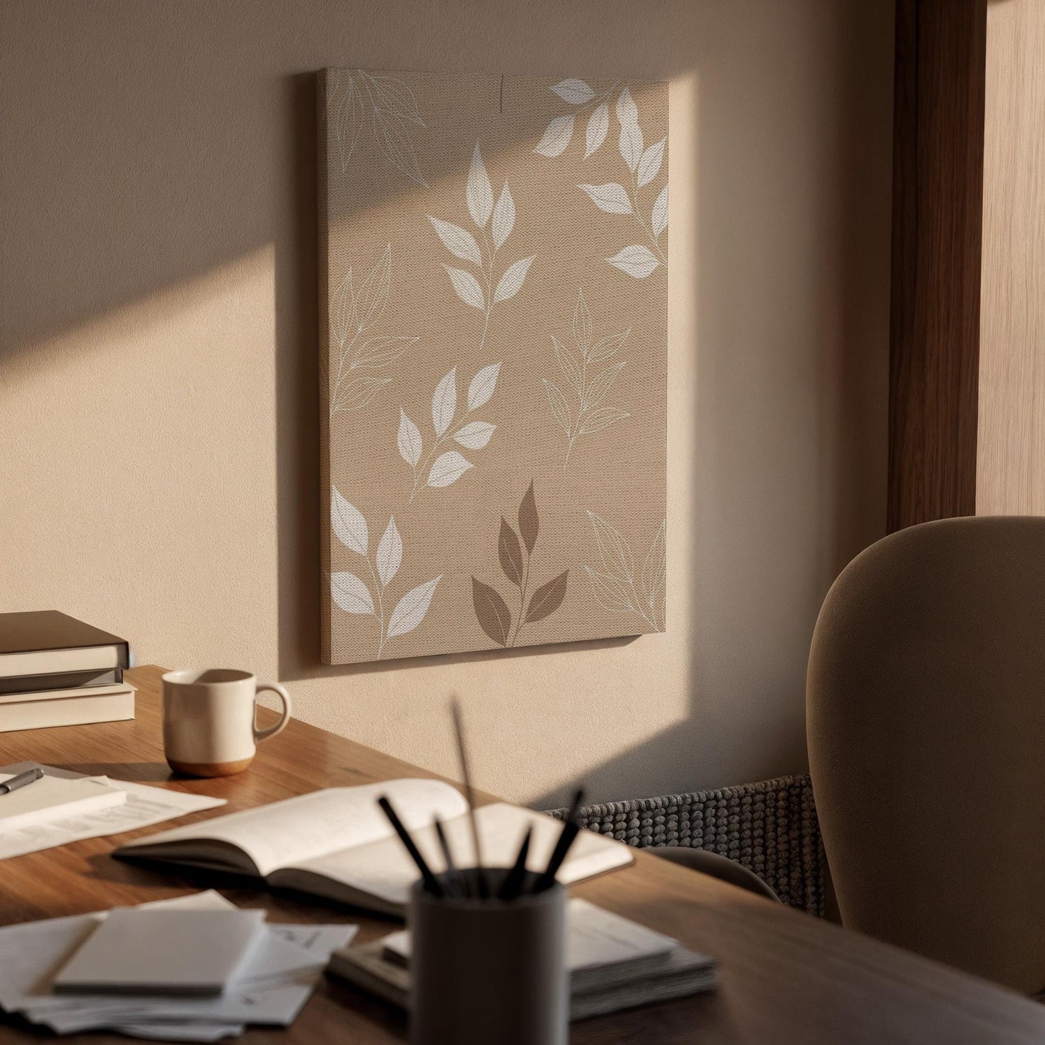 Botanical Canvas Art, Beige Leaf Wall Decor, Soft Nature Bedroom Style, Calm Organic Interior Design, Minimal Home Styling, Framed Canvas
