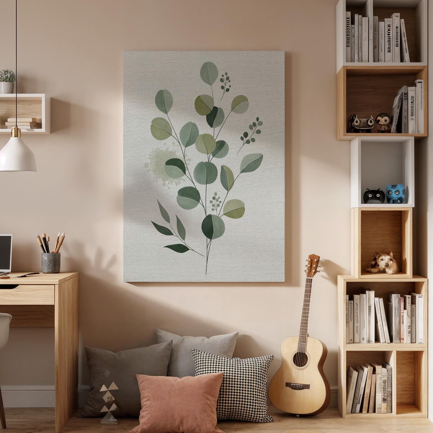 Botanical Green Canvas Art, Eucalyptus Leaf Wall Decor, Calm Nature Bedroom Style, Organic Interior Design, Minimal Home Look, Framed Canvas