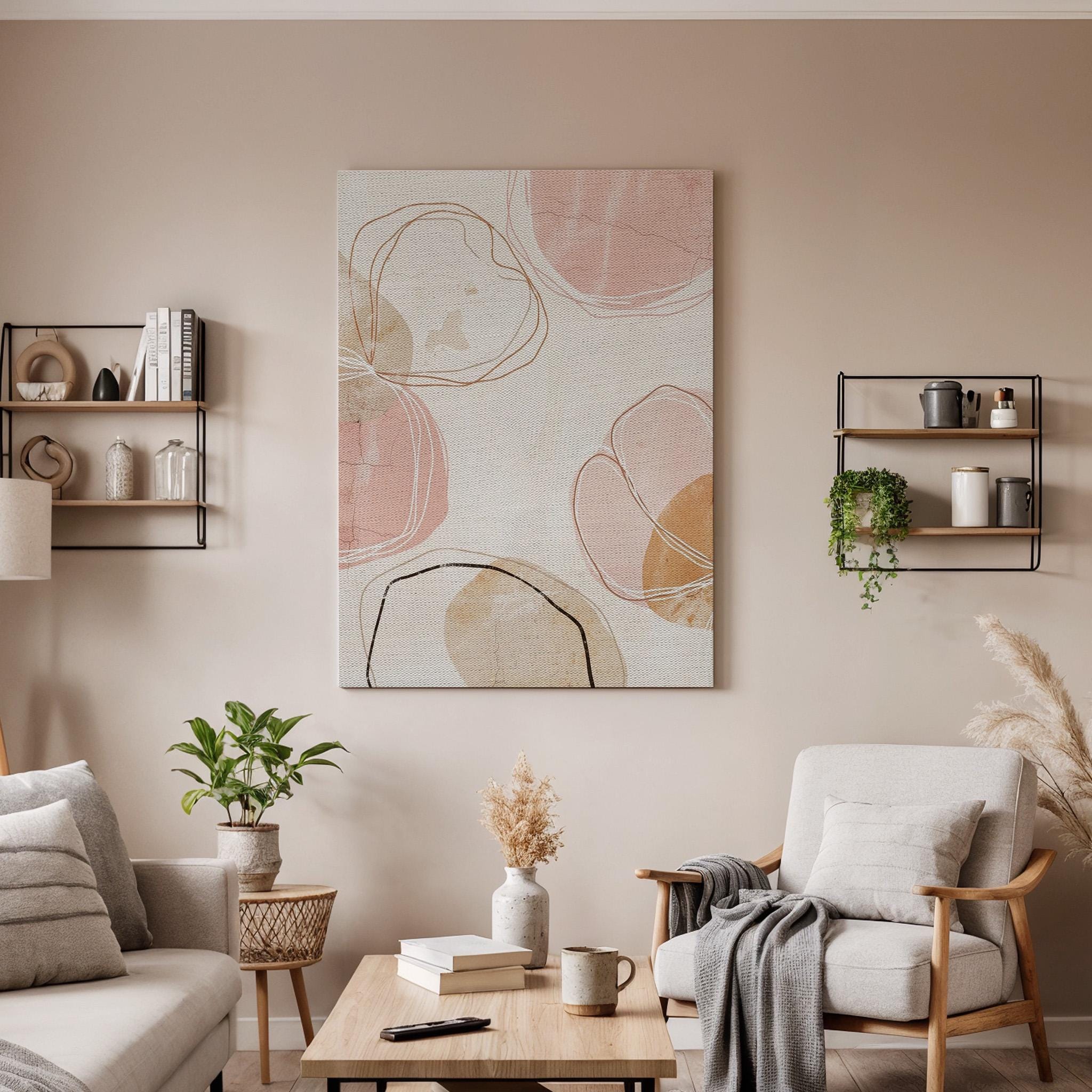 Soft Blush Canvas Art, Organic Line Wall Decor, Calm Modern Bedroom Style, Neutral Interior Design, Gentle Abstract Look, Framed Canvas