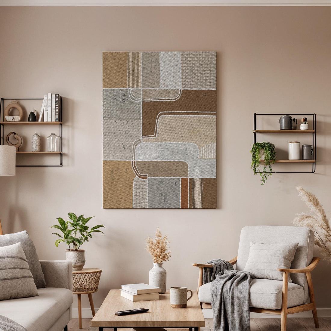Geometric Neutral Canvas Art, Structured Line Wall Decor, Calm Modern Bedroom Style, Earth Tone Interior Design, Contemporary Framed Canvas