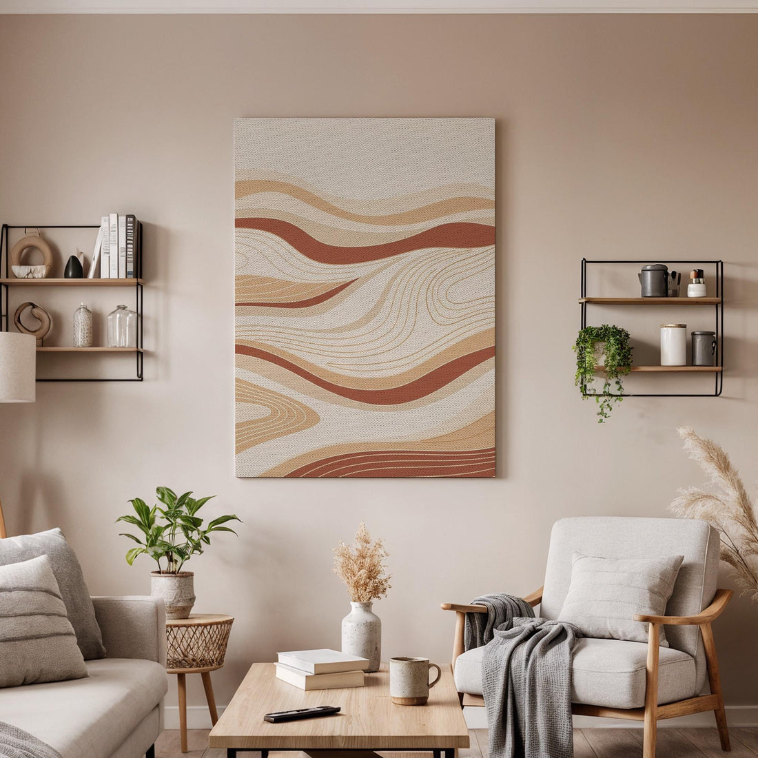 Wavy Neutral Canvas Art, Earth Tone Wall Decor, Soft Flowing Lines Design, Calm Modern Bedroom Style, Warm Abstract Framed Canvas, Home Gift