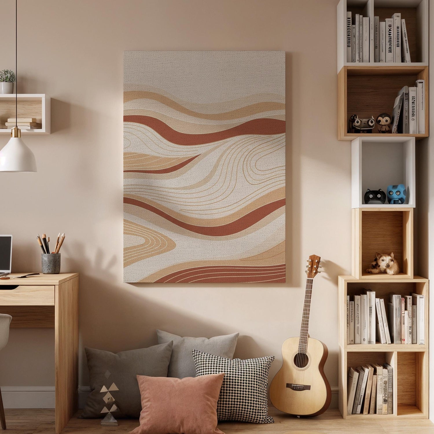 Wavy Neutral Canvas Art, Earth Tone Wall Decor, Soft Flowing Lines Design, Calm Modern Bedroom Style, Warm Abstract Framed Canvas, Home Gift
