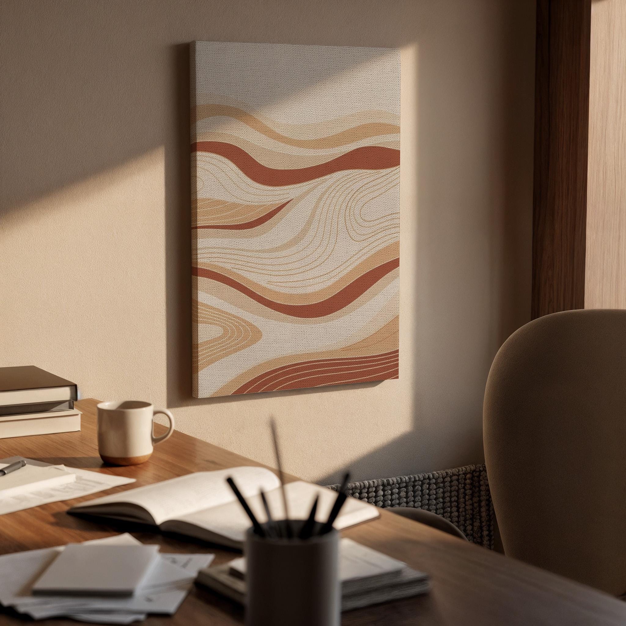 Wavy Neutral Canvas Art, Earth Tone Wall Decor, Soft Flowing Lines Design, Calm Modern Bedroom Style, Warm Abstract Framed Canvas, Home Gift