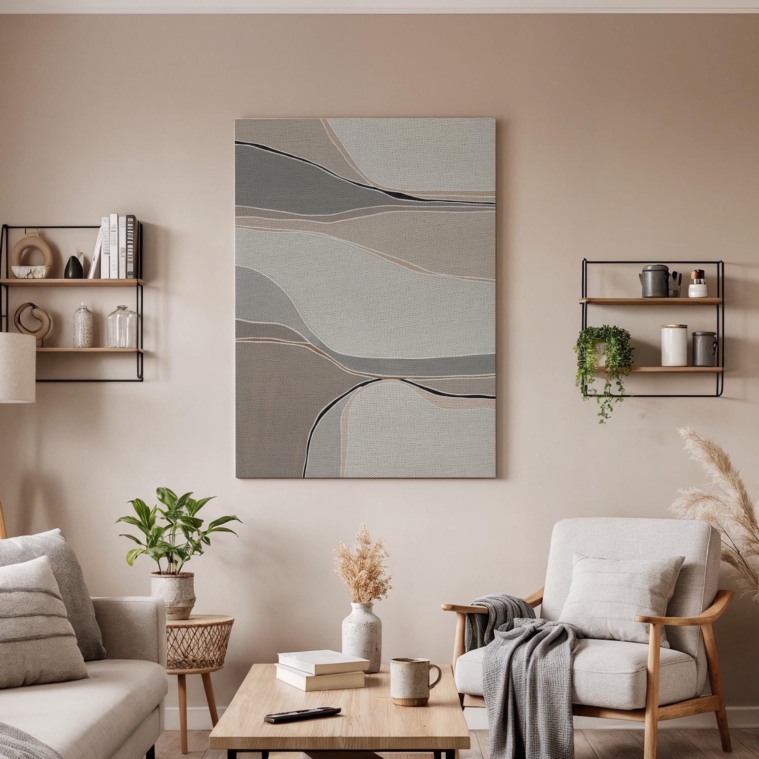Soft Neutral Canvas Art, Flowing Line Wall Decor, Calm Abstract Bedroom Design, Minimal Modern Interior Style, Elegant Framed Canvas