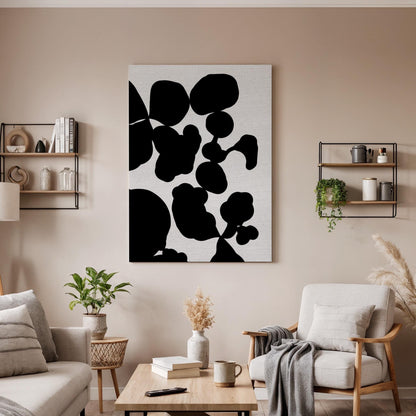 Bold Black Canvas Art, Organic Shape Wall Decor, Modern Abstract Bedroom Style, High Contrast Interior Design, Minimal Framed Canvas
