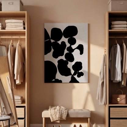 Bold Black Canvas Art, Organic Shape Wall Decor, Modern Abstract Bedroom Style, High Contrast Interior Design, Minimal Framed Canvas