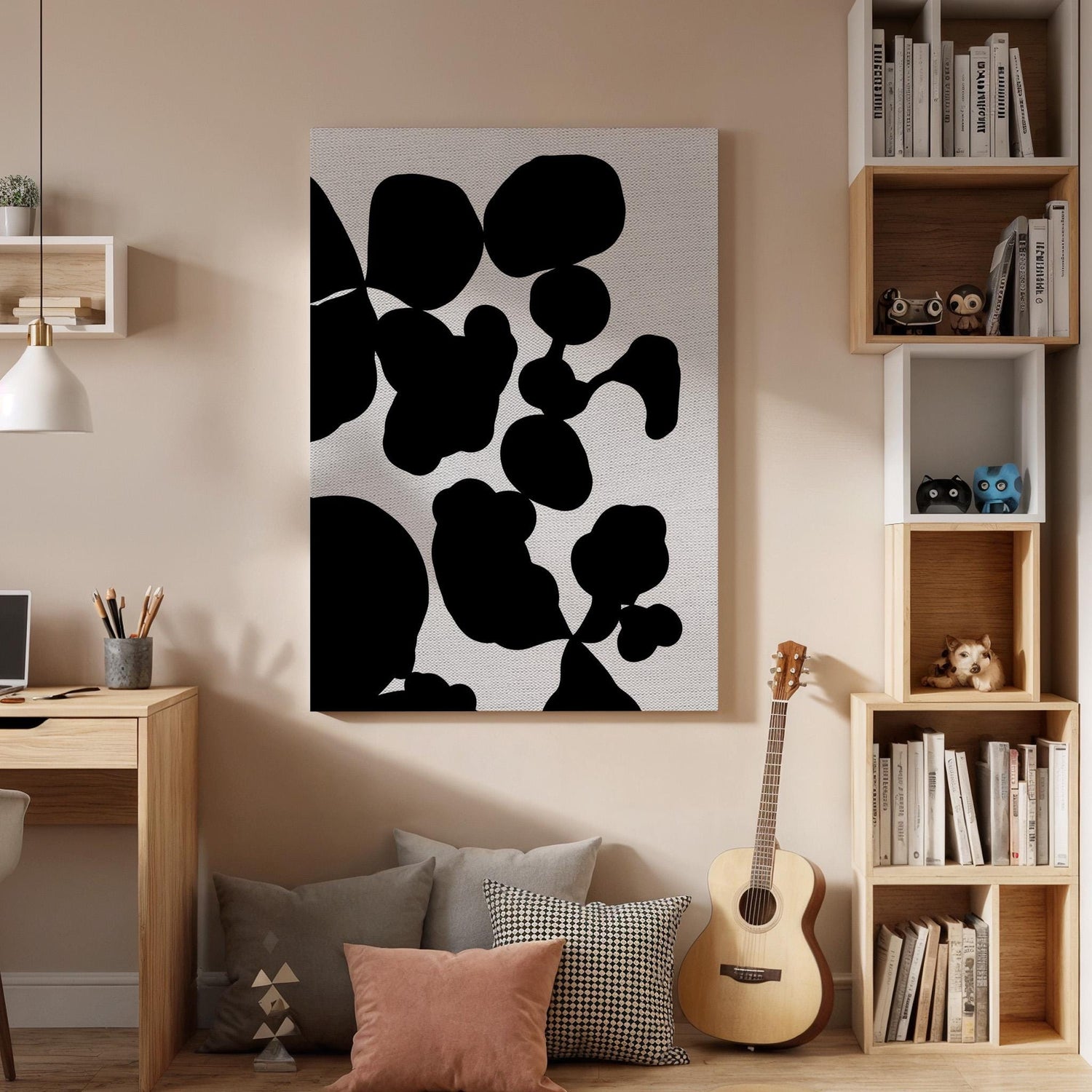 Bold Black Canvas Art, Organic Shape Wall Decor, Modern Abstract Bedroom Style, High Contrast Interior Design, Minimal Framed Canvas