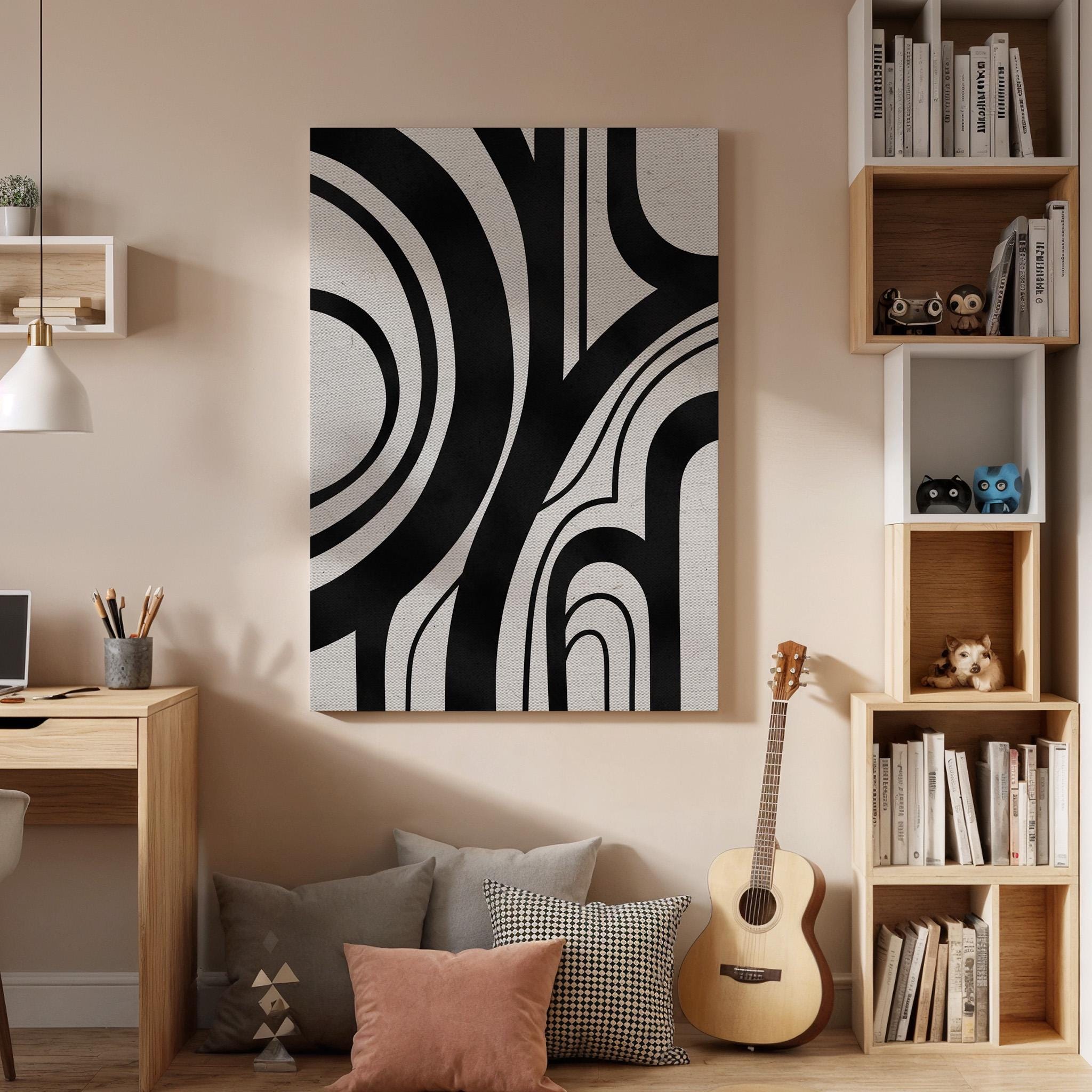 Black White Canvas Art, Curved Line Wall Decor, Modern Abstract Bedroom Design, Graphic Minimal Interior Style, Framed Canvas, New Home Gift