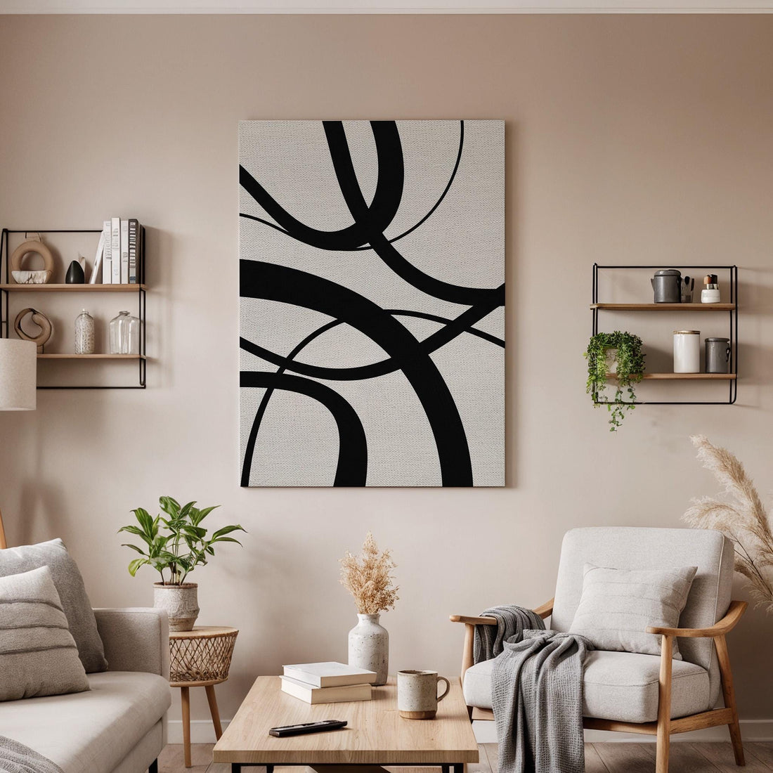 Black Curved Canvas Art, Flowing Line Wall Decor, Modern Abstract Bedroom Style, Minimal Graphic Interior Design, Framed Canvas, Canvas Art