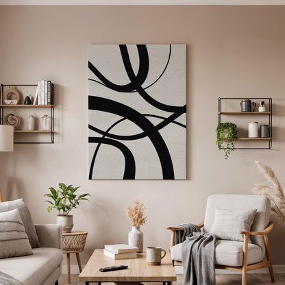Black Curved Canvas Art, Flowing Line Wall Decor, Modern Abstract Bedroom Style, Minimal Graphic Interior Design, Framed Canvas, Canvas Art