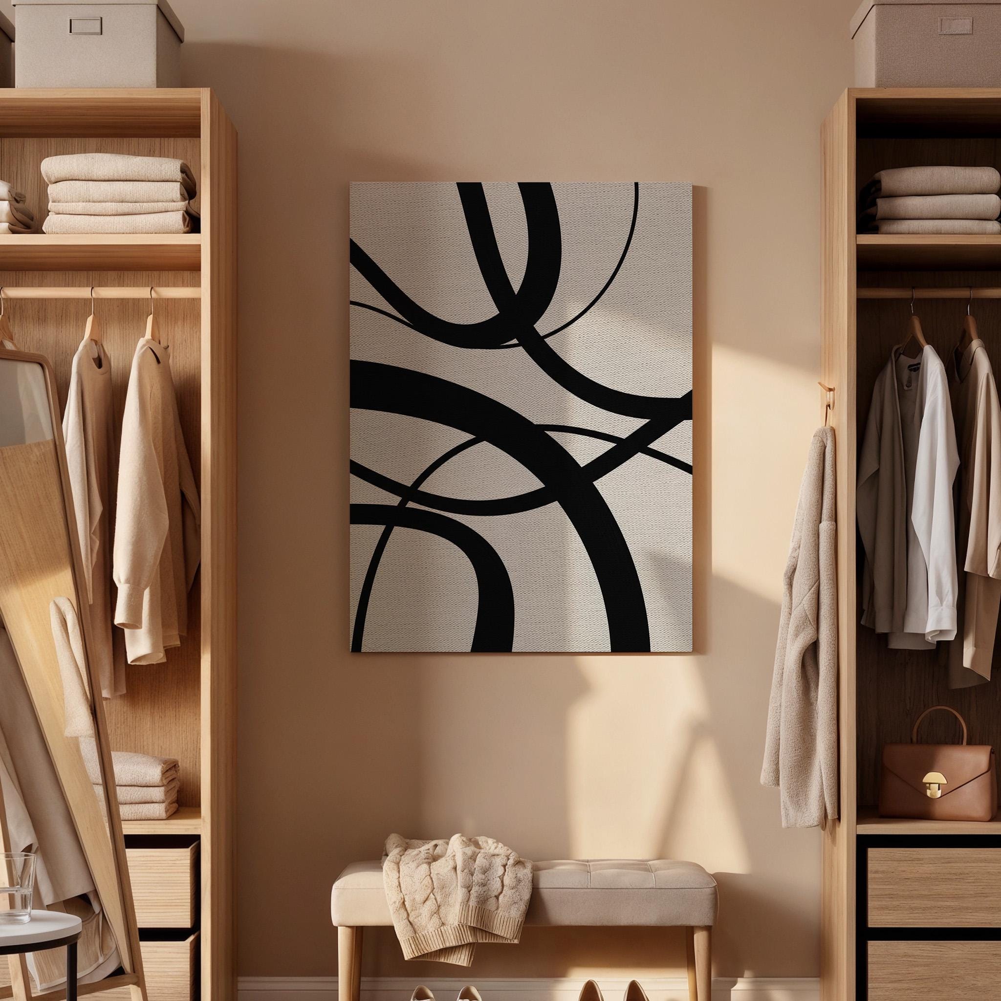 Black Curved Canvas Art, Flowing Line Wall Decor, Modern Abstract Bedroom Style, Minimal Graphic Interior Design, Framed Canvas, Canvas Art