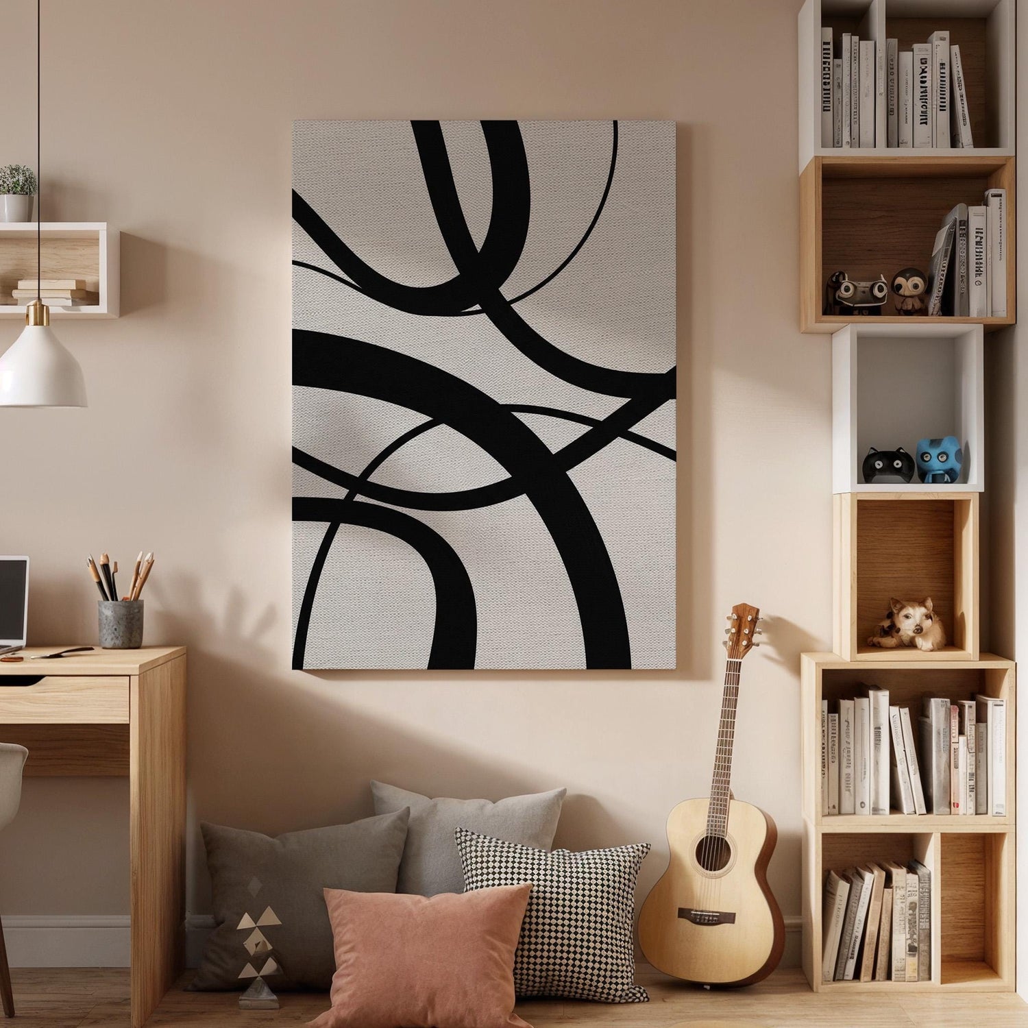 Black Curved Canvas Art, Flowing Line Wall Decor, Modern Abstract Bedroom Style, Minimal Graphic Interior Design, Framed Canvas, Canvas Art