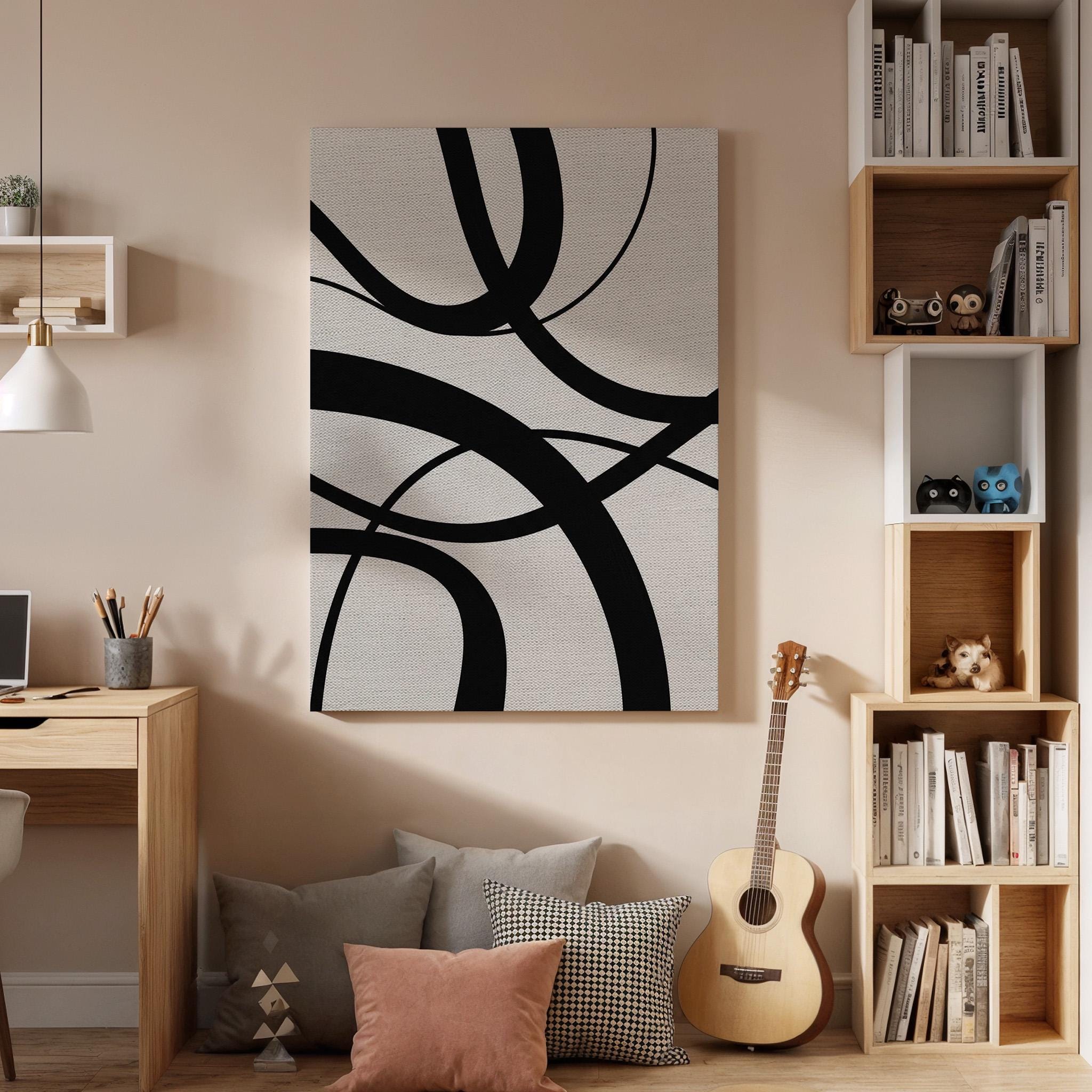 Black Curved Canvas Art, Flowing Line Wall Decor, Modern Abstract Bedroom Style, Minimal Graphic Interior Design, Framed Canvas, Canvas Art