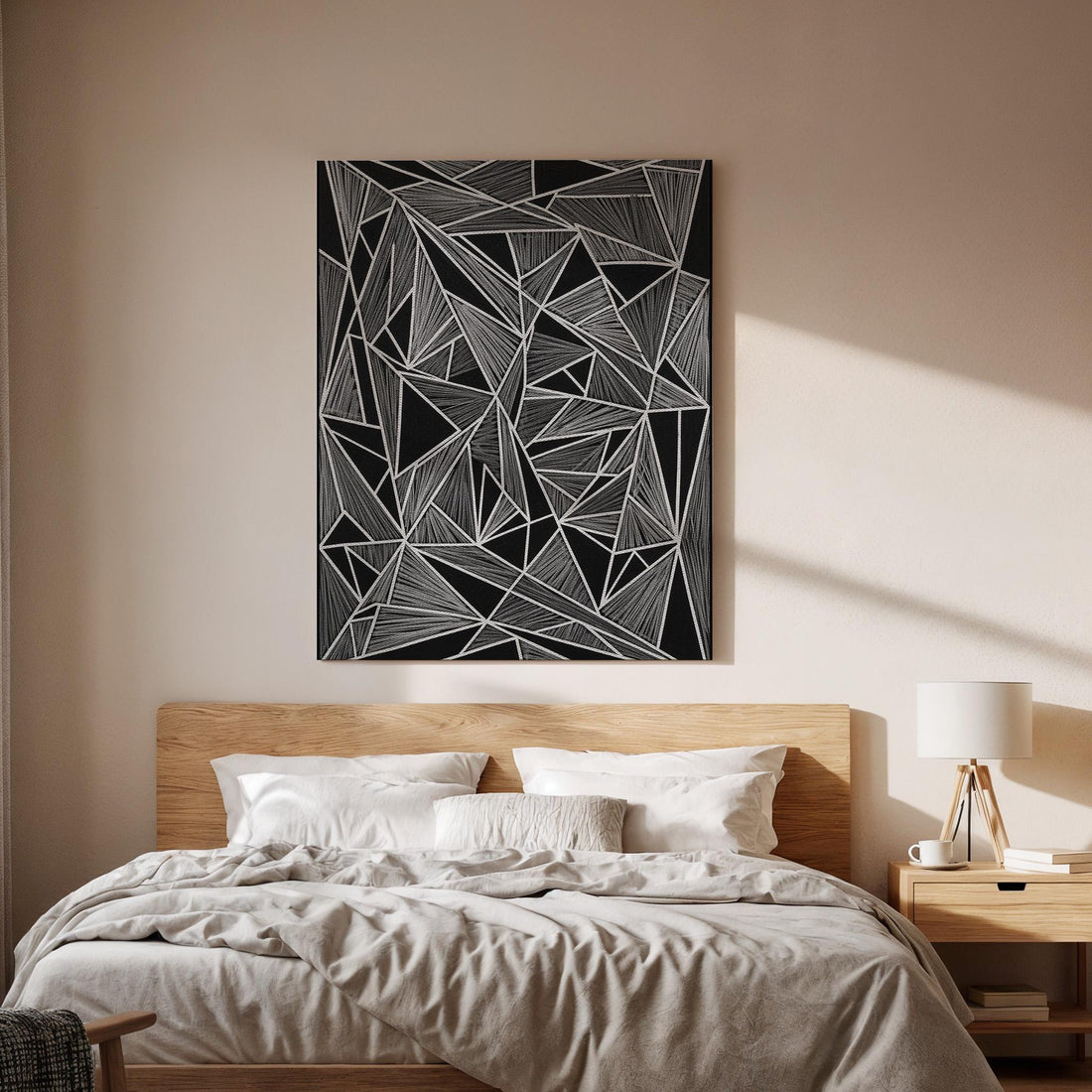 Geometric Black Canvas Art, Angular Line Wall Decor, Modern Abstract Bedroom Design, Graphic Contemporary Interior Style, Framed Canvas