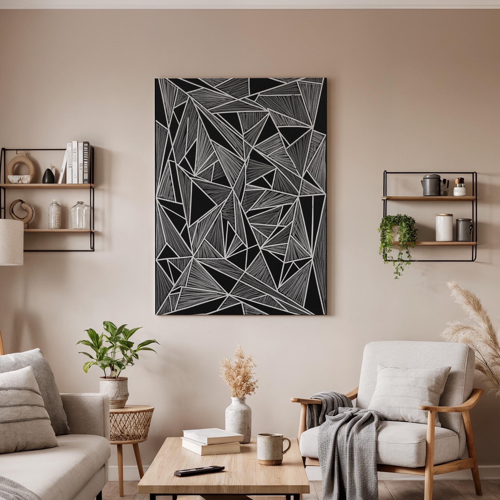 Geometric Black Canvas Art, Angular Line Wall Decor, Modern Abstract Bedroom Design, Graphic Contemporary Interior Style, Framed Canvas