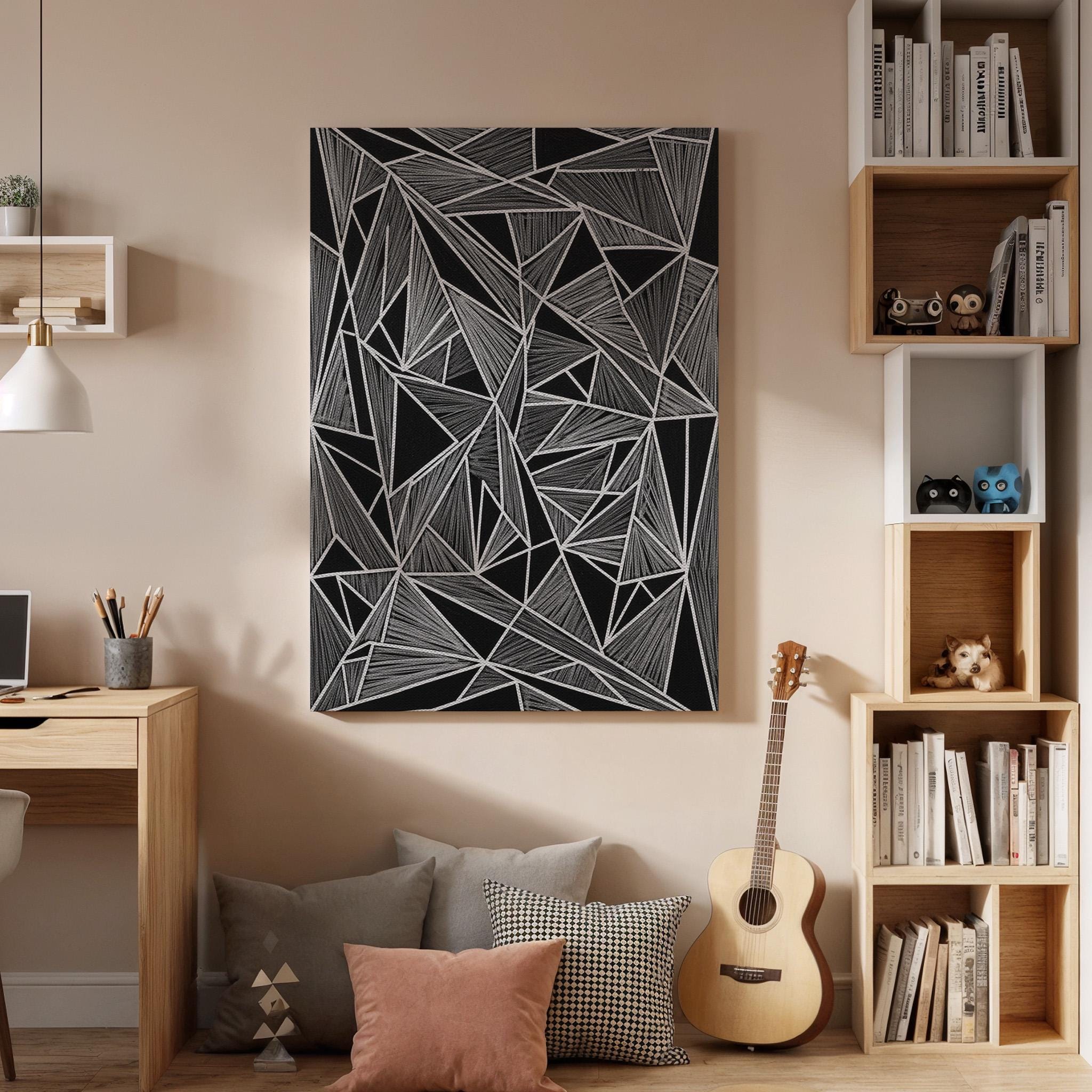 Geometric Black Canvas Art, Angular Line Wall Decor, Modern Abstract Bedroom Design, Graphic Contemporary Interior Style, Framed Canvas