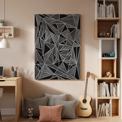 Geometric Black Canvas Art, Angular Line Wall Decor, Modern Abstract Bedroom Design, Graphic Contemporary Interior Style, Framed Canvas
