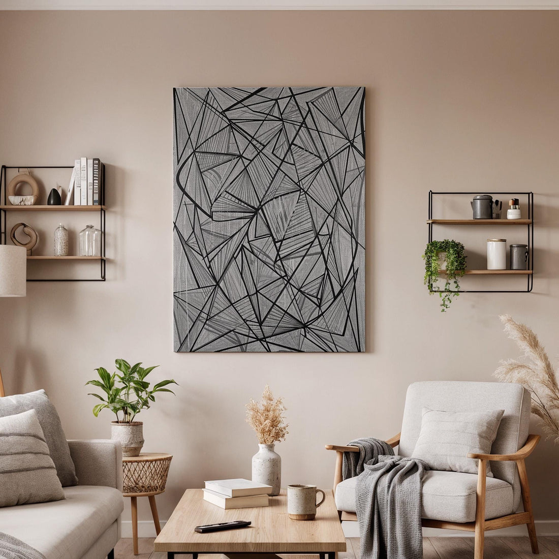Geometric Line Canvas Art, Abstract Linear Wall Decor, Modern Monochrome Bedroom Design, Graphic Contemporary Interior Style, Framed Canvas