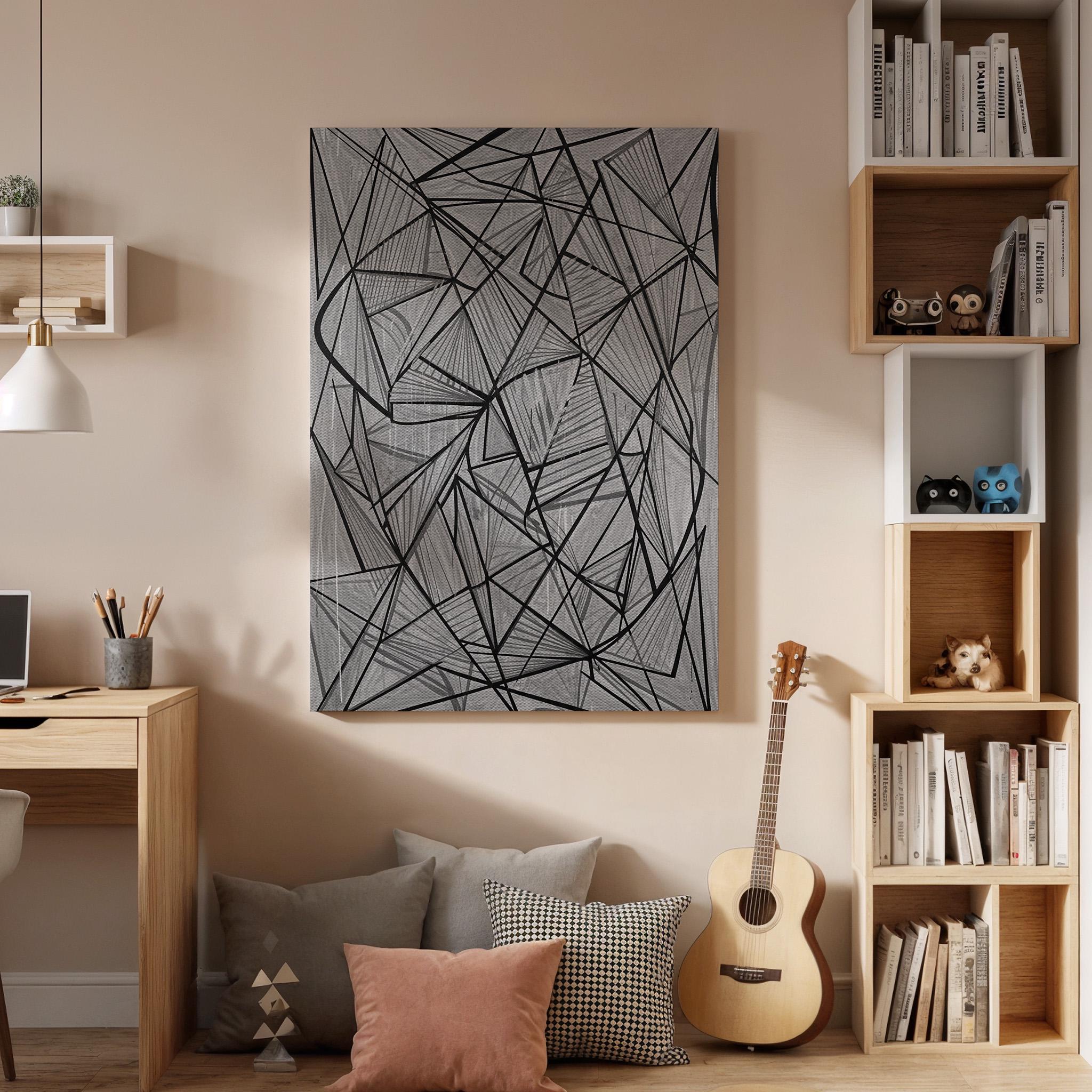 Geometric Line Canvas Art, Abstract Linear Wall Decor, Modern Monochrome Bedroom Design, Graphic Contemporary Interior Style, Framed Canvas