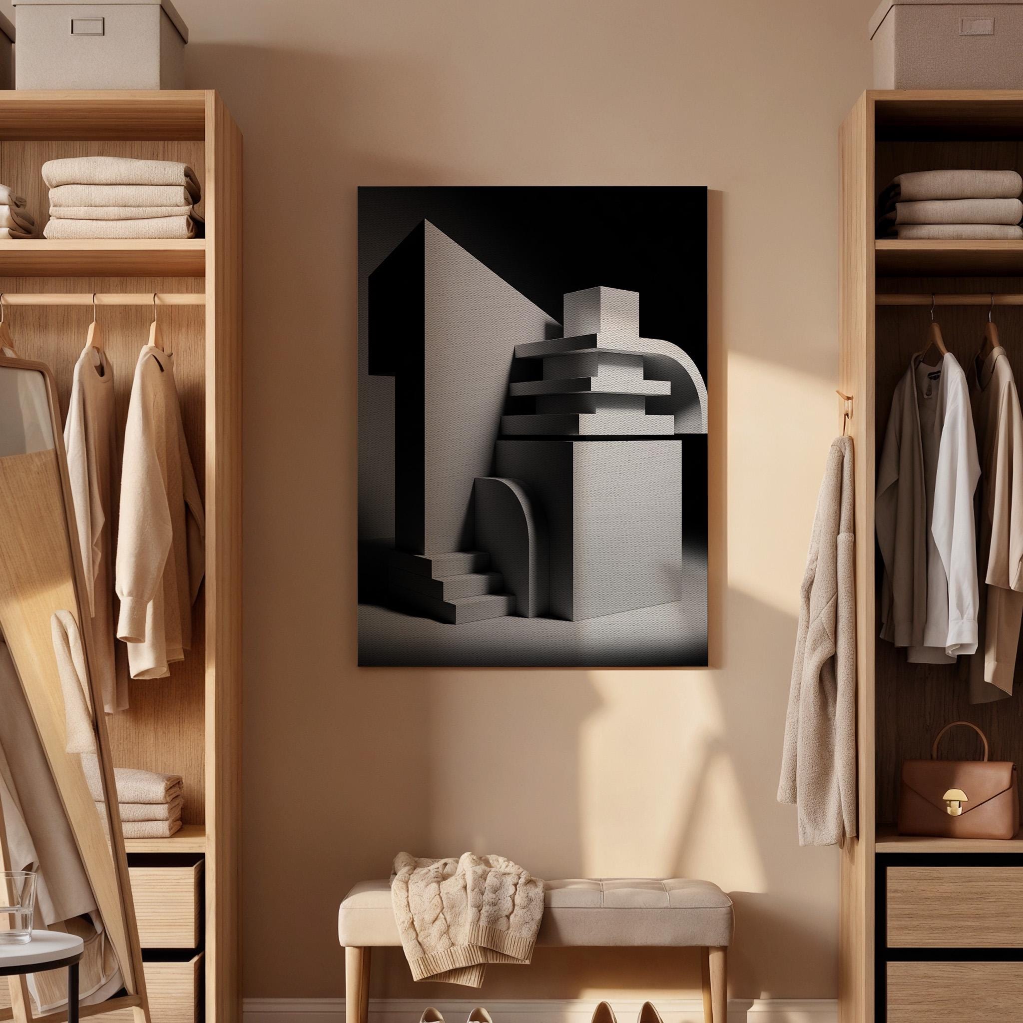 Abstract Architectural Canvas Art, Geometric 3D Wall Decor, Modern Monochrome Interior Design, Sculptural Contemporary Style, Framed Canvas
