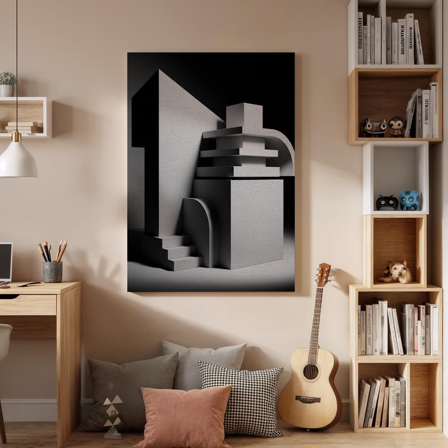 Abstract Architectural Canvas Art, Geometric 3D Wall Decor, Modern Monochrome Interior Design, Sculptural Contemporary Style, Framed Canvas