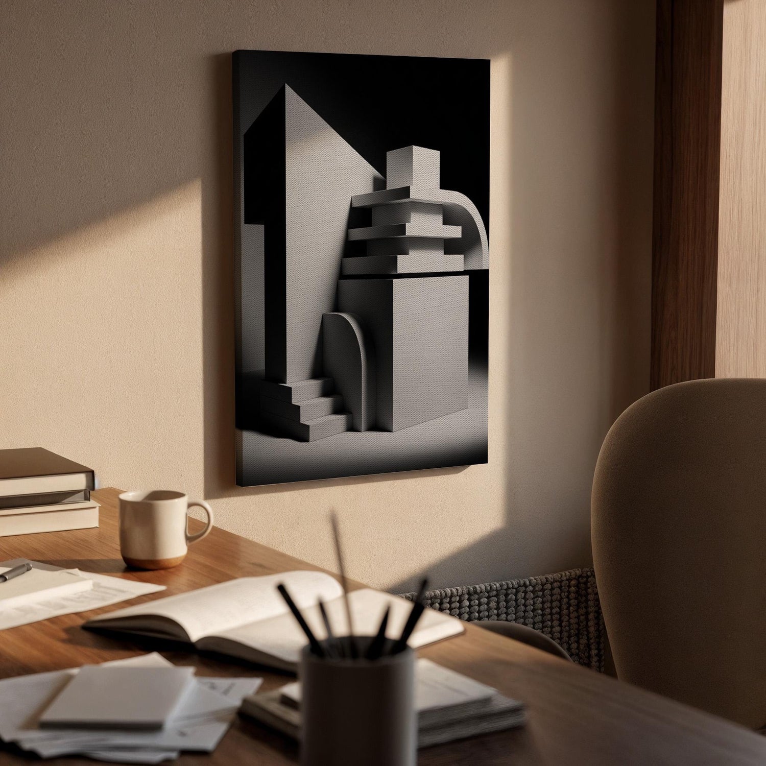 Abstract Architectural Canvas Art, Geometric 3D Wall Decor, Modern Monochrome Interior Design, Sculptural Contemporary Style, Framed Canvas