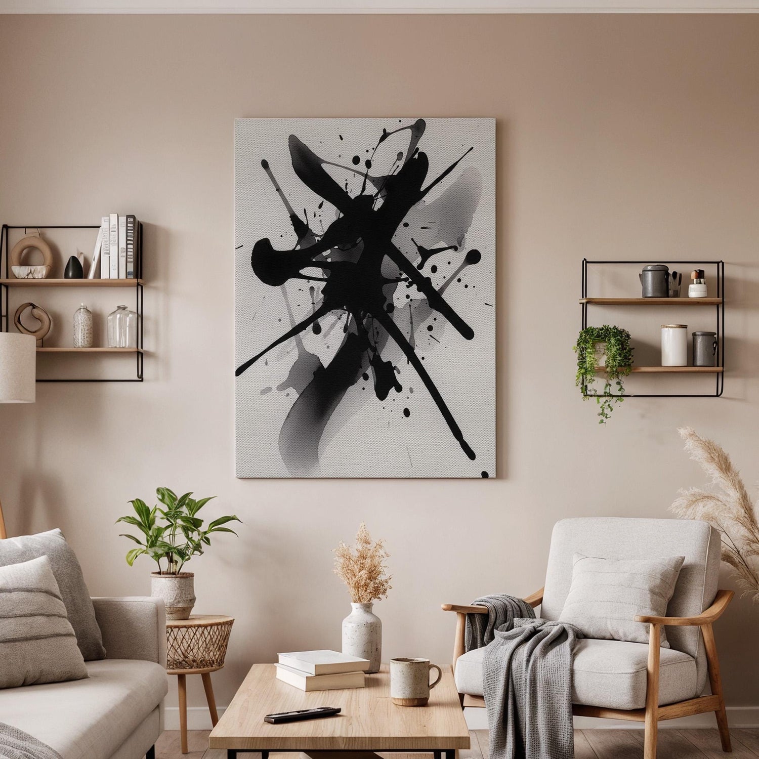 Abstract Ink Splash Canvas Art, Black White Modern Wall Decor, Expressive Minimal Interior Style, Contemporary Framed Canvas Artwork