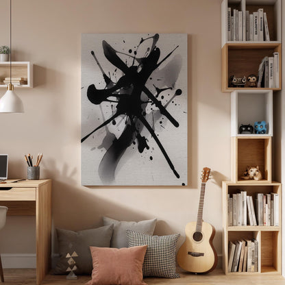 Abstract Ink Splash Canvas Art, Black White Modern Wall Decor, Expressive Minimal Interior Style, Contemporary Framed Canvas Artwork