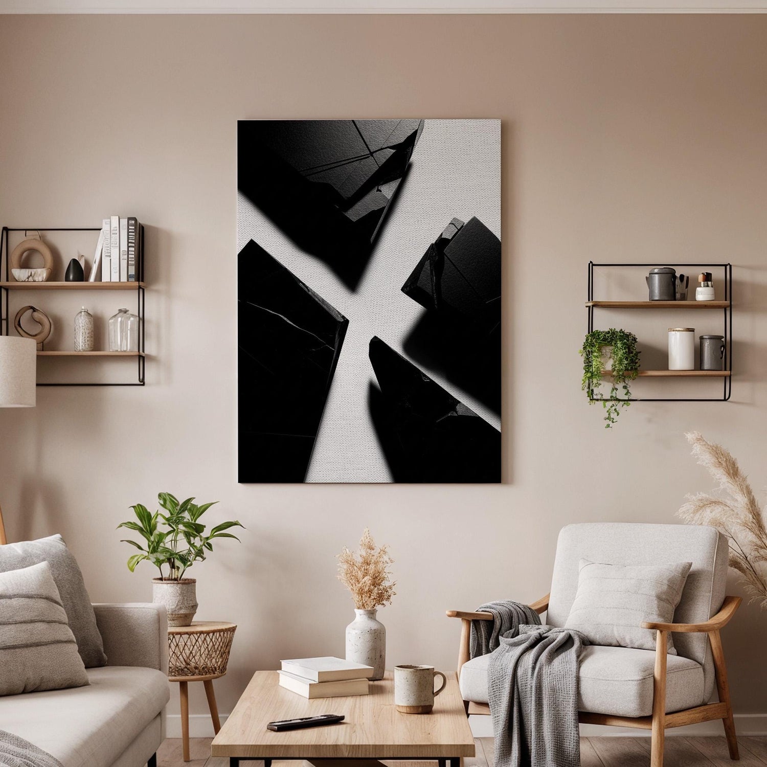 Black Geometric Canvas Art, Bold Abstract Wall Decor, Modern Interior Design, High Contrast Minimal Style, Contemporary Framed Canvas