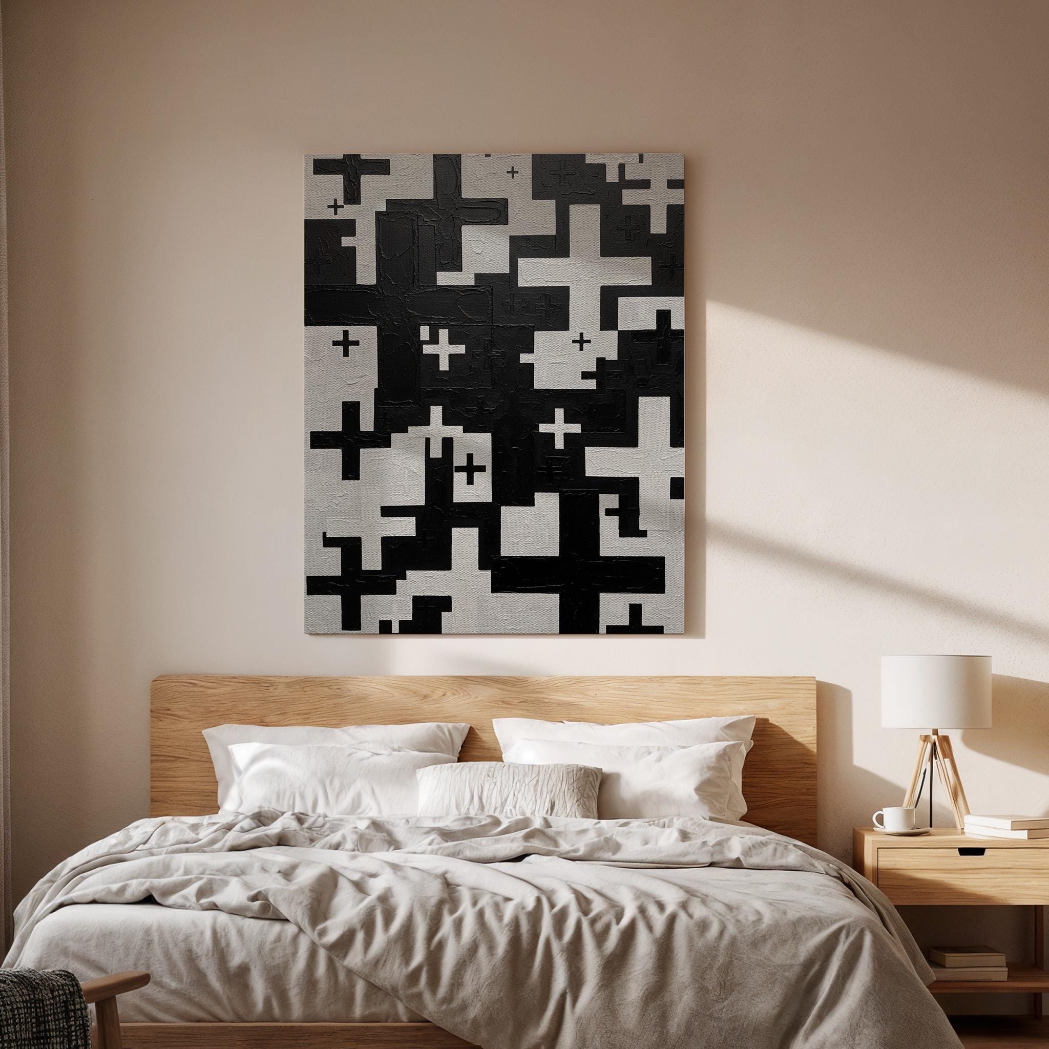 Black Abstract Cross Canvas Art, Modern Geometric Wall Decor with Bold Pattern Design, Minimalist Interior Style, Contemporary Framed Canvas