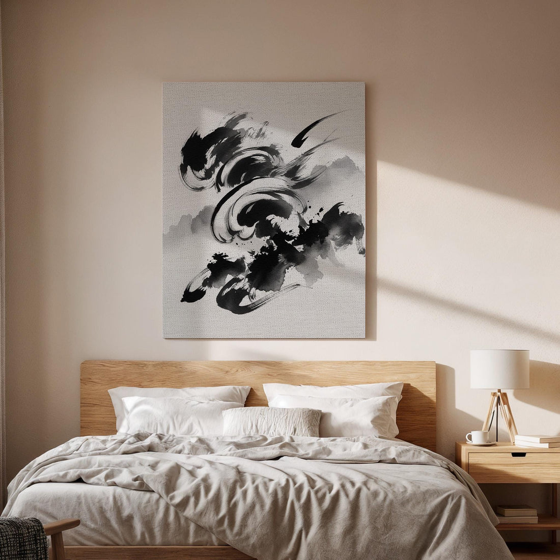 Black Abstract Ink Canvas Art, Expressive Brush Stroke Wall Decor, Modern Minimal Interior Style, Dynamic Monochrome Design, Framed Canvas