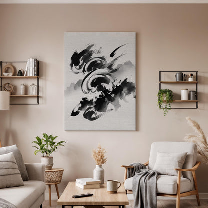 Black Abstract Ink Canvas Art, Expressive Brush Stroke Wall Decor, Modern Minimal Interior Style, Dynamic Monochrome Design, Framed Canvas