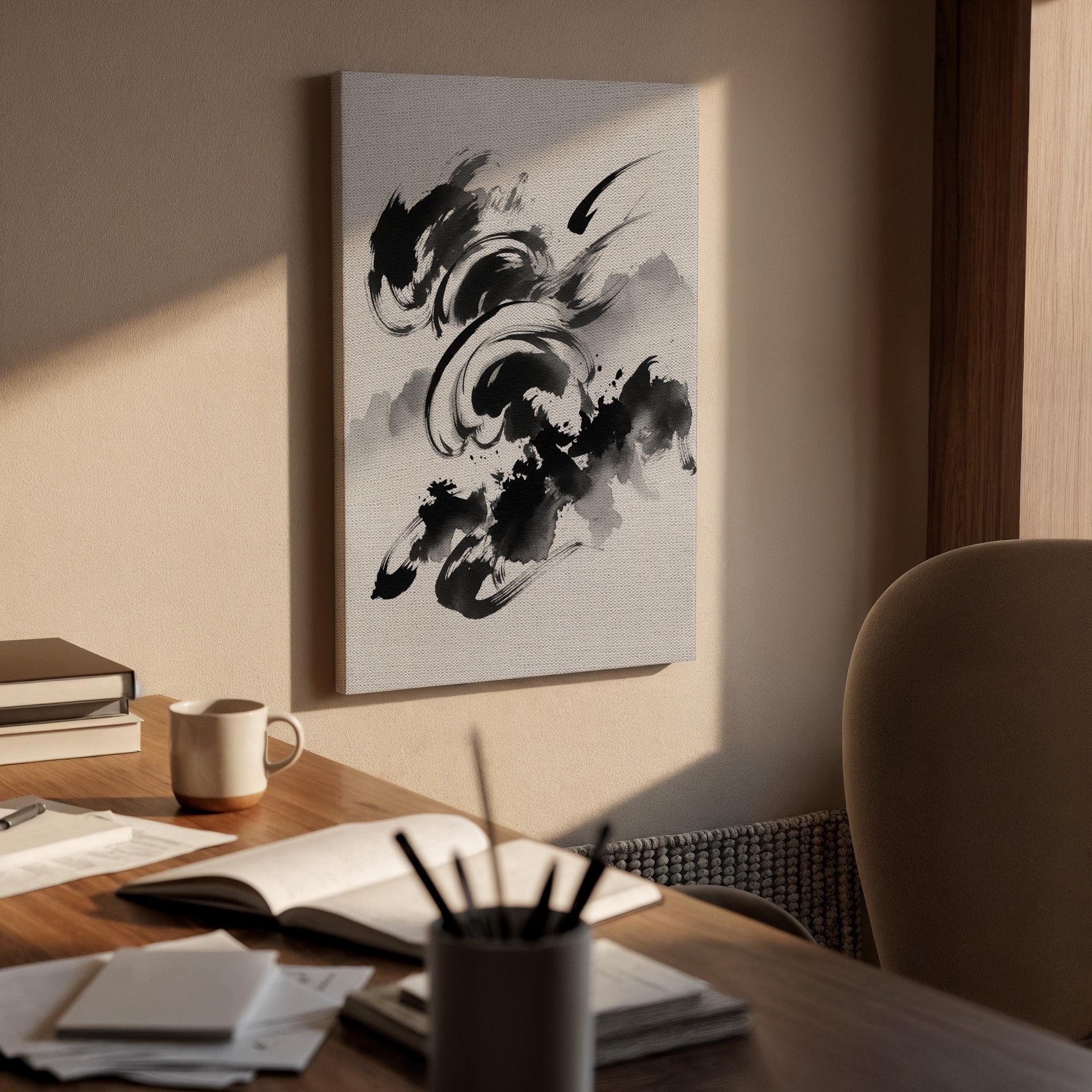 Black Abstract Ink Canvas Art, Expressive Brush Stroke Wall Decor, Modern Minimal Interior Style, Dynamic Monochrome Design, Framed Canvas