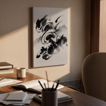 Black Abstract Ink Canvas Art, Expressive Brush Stroke Wall Decor, Modern Minimal Interior Style, Dynamic Monochrome Design, Framed Canvas