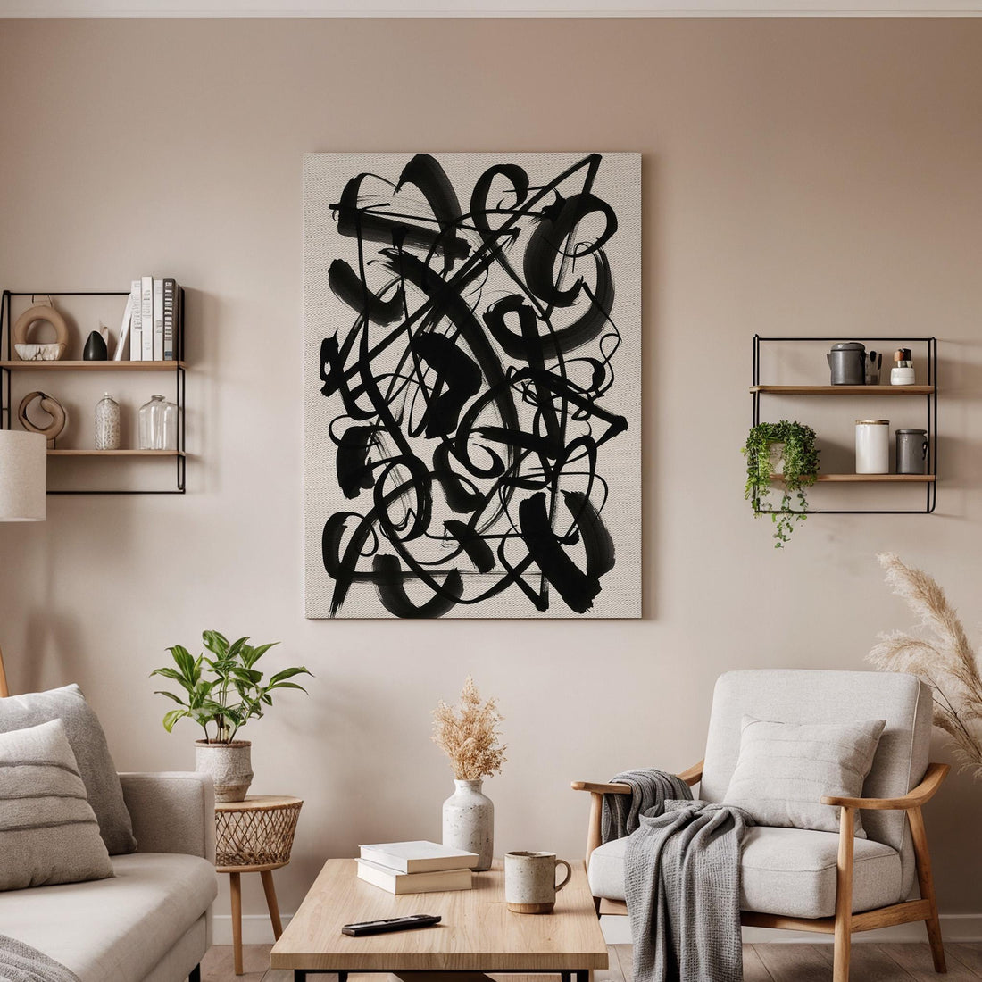 Black Abstract Calligraphy Canvas Art, Expressive Line Wall Decor, Modern Living Room Style, Bold Monochrome Design, Large Framed Canvas