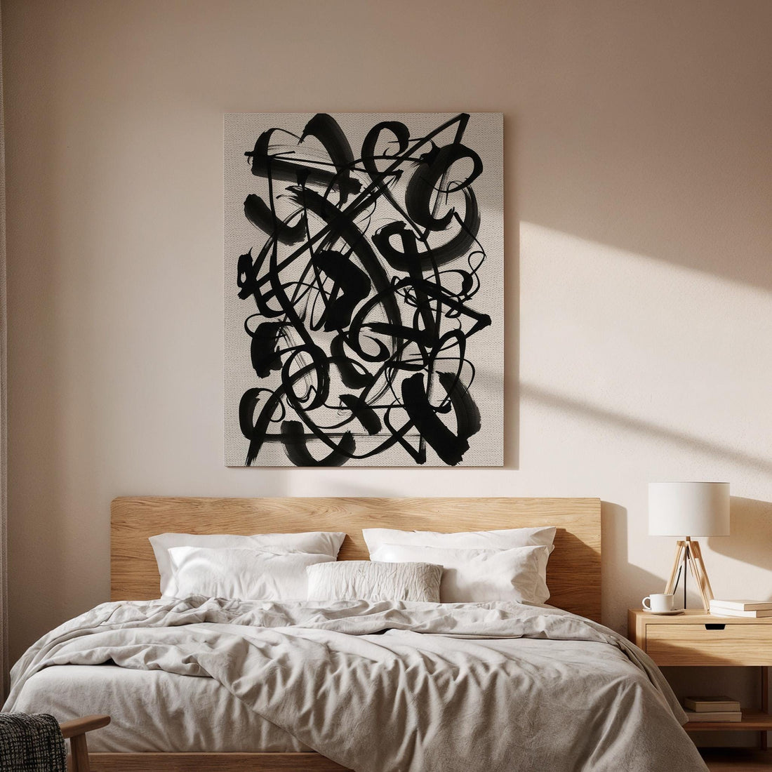 Black Abstract Calligraphy Canvas Art, Expressive Line Wall Decor, Modern Living Room Style, Bold Monochrome Design, Large Framed Canvas