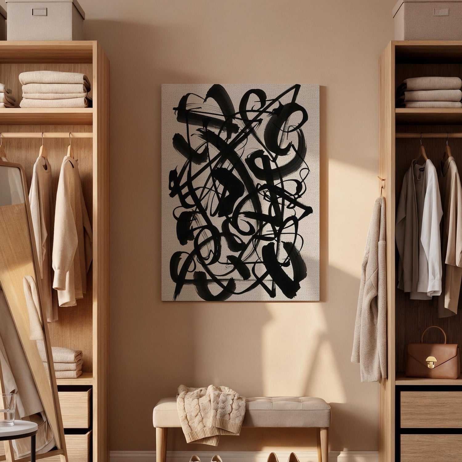 Black Abstract Calligraphy Canvas Art, Expressive Line Wall Decor, Modern Living Room Style, Bold Monochrome Design, Large Framed Canvas