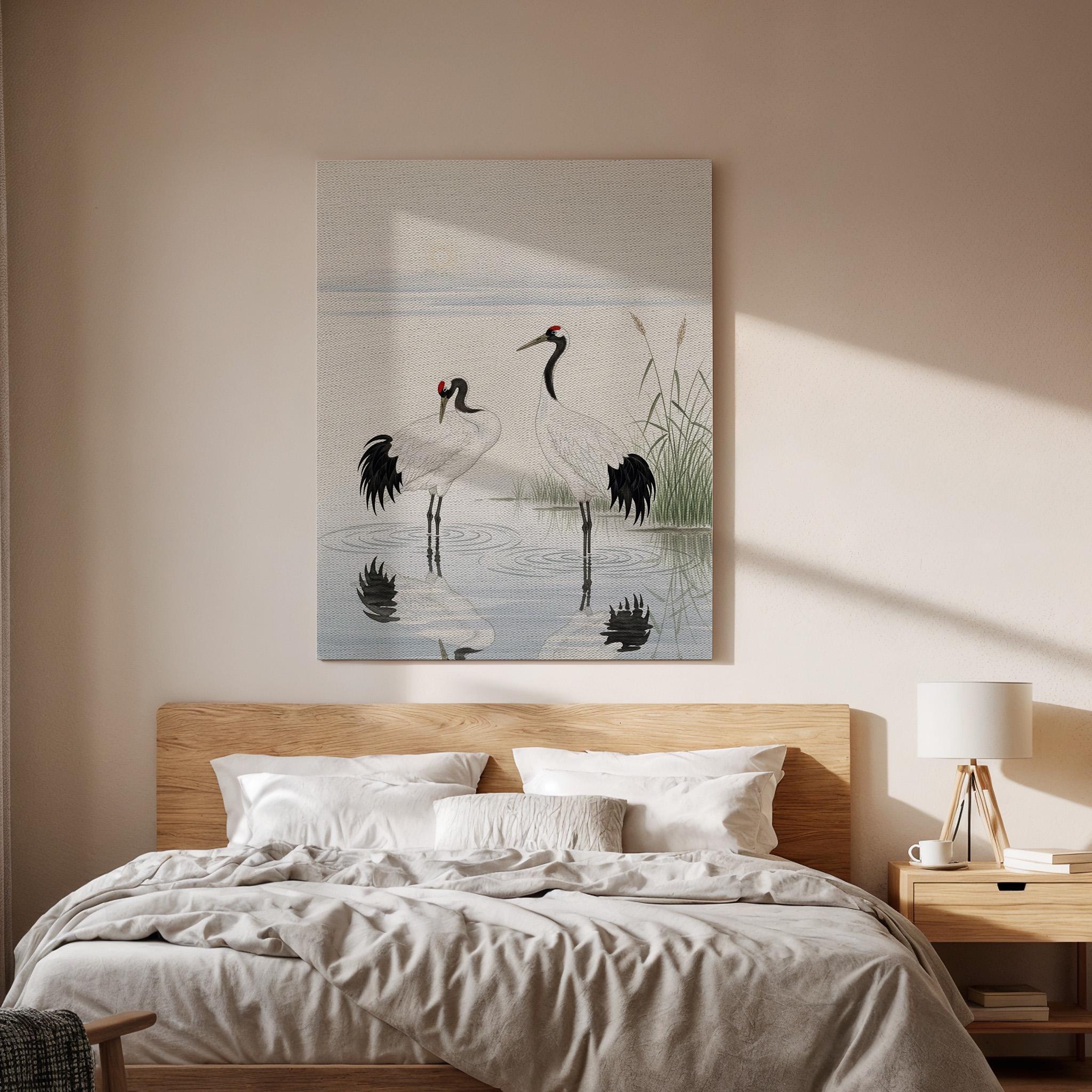 Japanese Crane Canvas Art, Elegant Oriental Bird Illustration, Serene Nature Wall Decor, Zen Inspired Asian Style, Framed Canvas Artwork