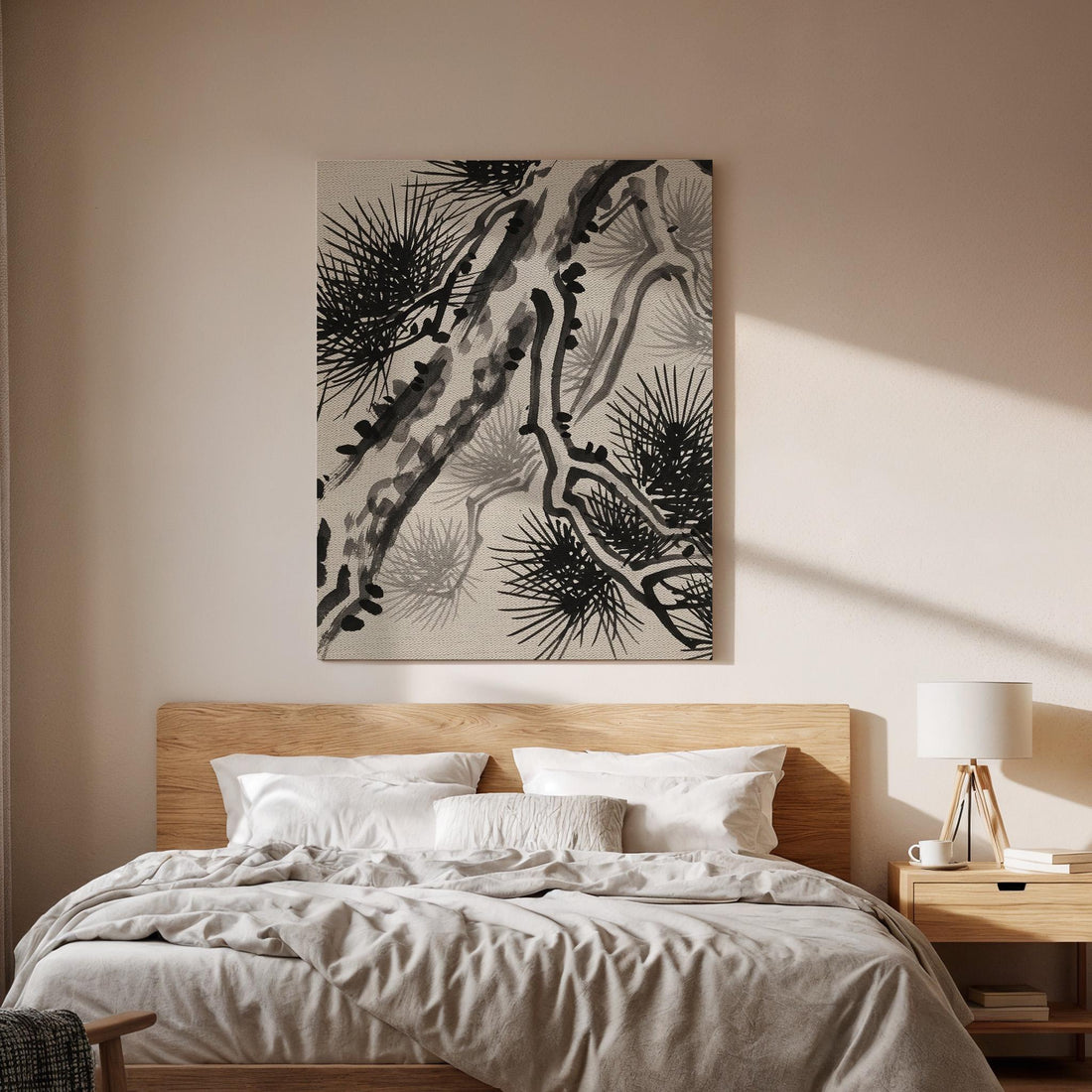 Japanese Ink Pine Tree Canvas Art, Minimal Oriental Nature Illustration, Zen Style Wall Decor, Calm Asian Aesthetic, Framed Canvas Artwork