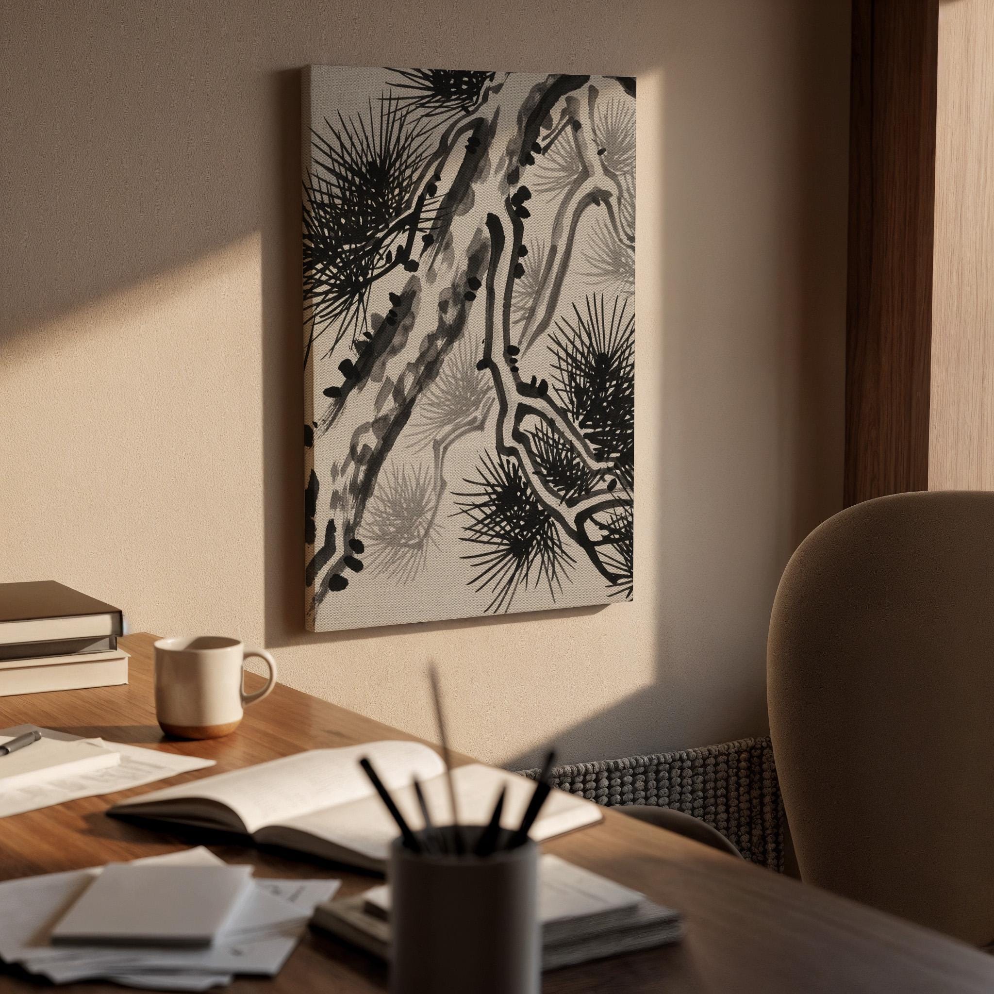 Japanese Ink Pine Tree Canvas Art, Minimal Oriental Nature Illustration, Zen Style Wall Decor, Calm Asian Aesthetic, Framed Canvas Artwork