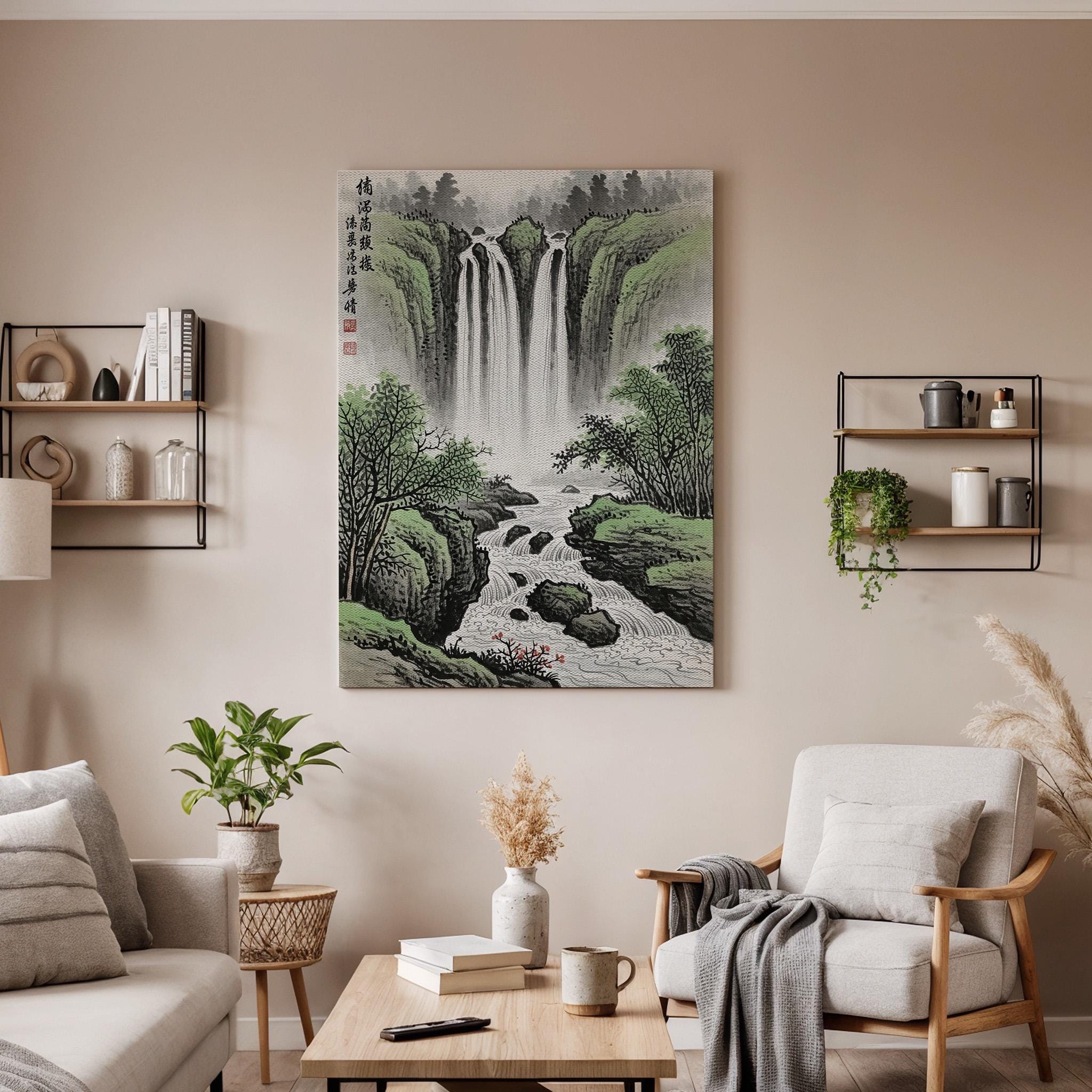 Oriental Waterfall Landscape Canvas Art, Traditional Asian Nature Painting, Serene Mountain River Scene, Zen Wall Decor, Framed Canvas Art