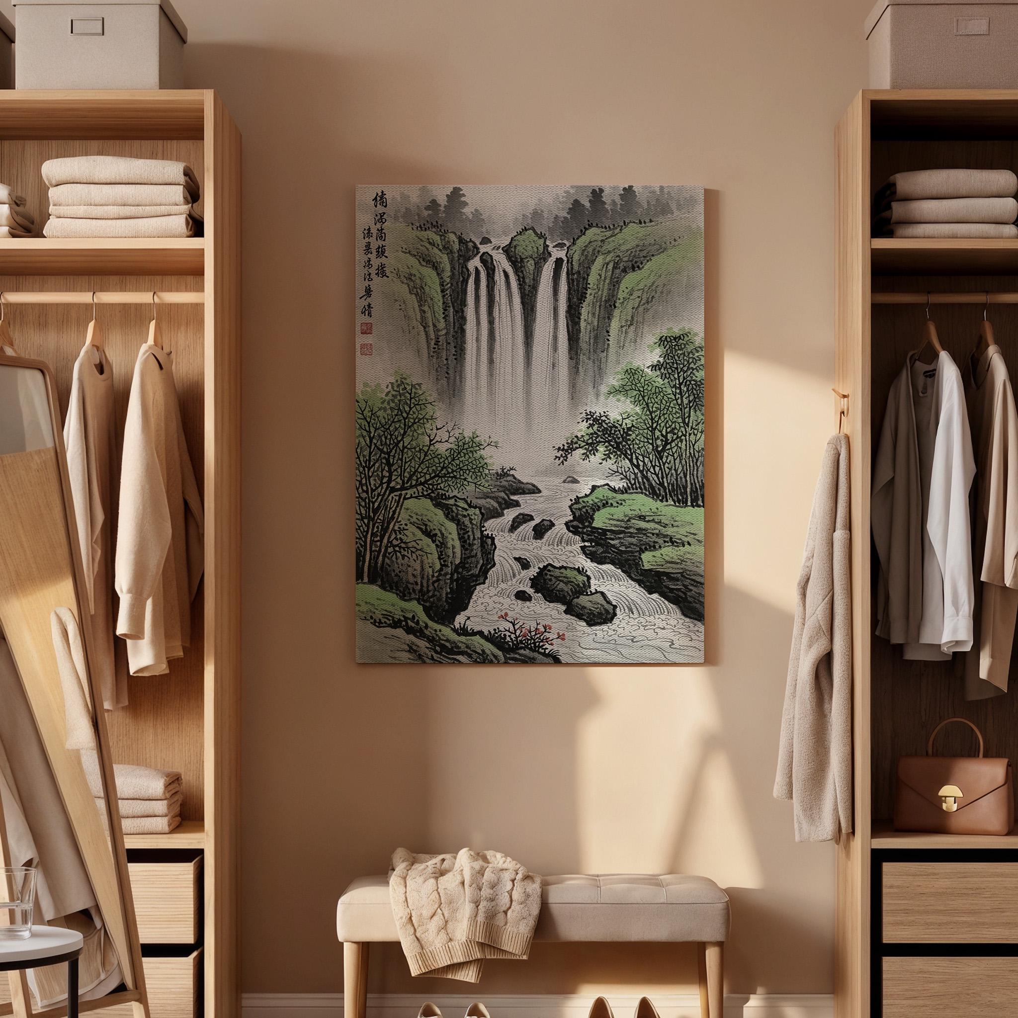 Oriental Waterfall Landscape Canvas Art, Traditional Asian Nature Painting, Serene Mountain River Scene, Zen Wall Decor, Framed Canvas Art