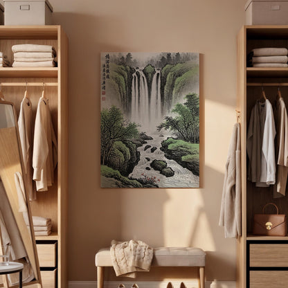 Oriental Waterfall Landscape Canvas Art, Traditional Asian Nature Painting, Serene Mountain River Scene, Zen Wall Decor, Framed Canvas Art
