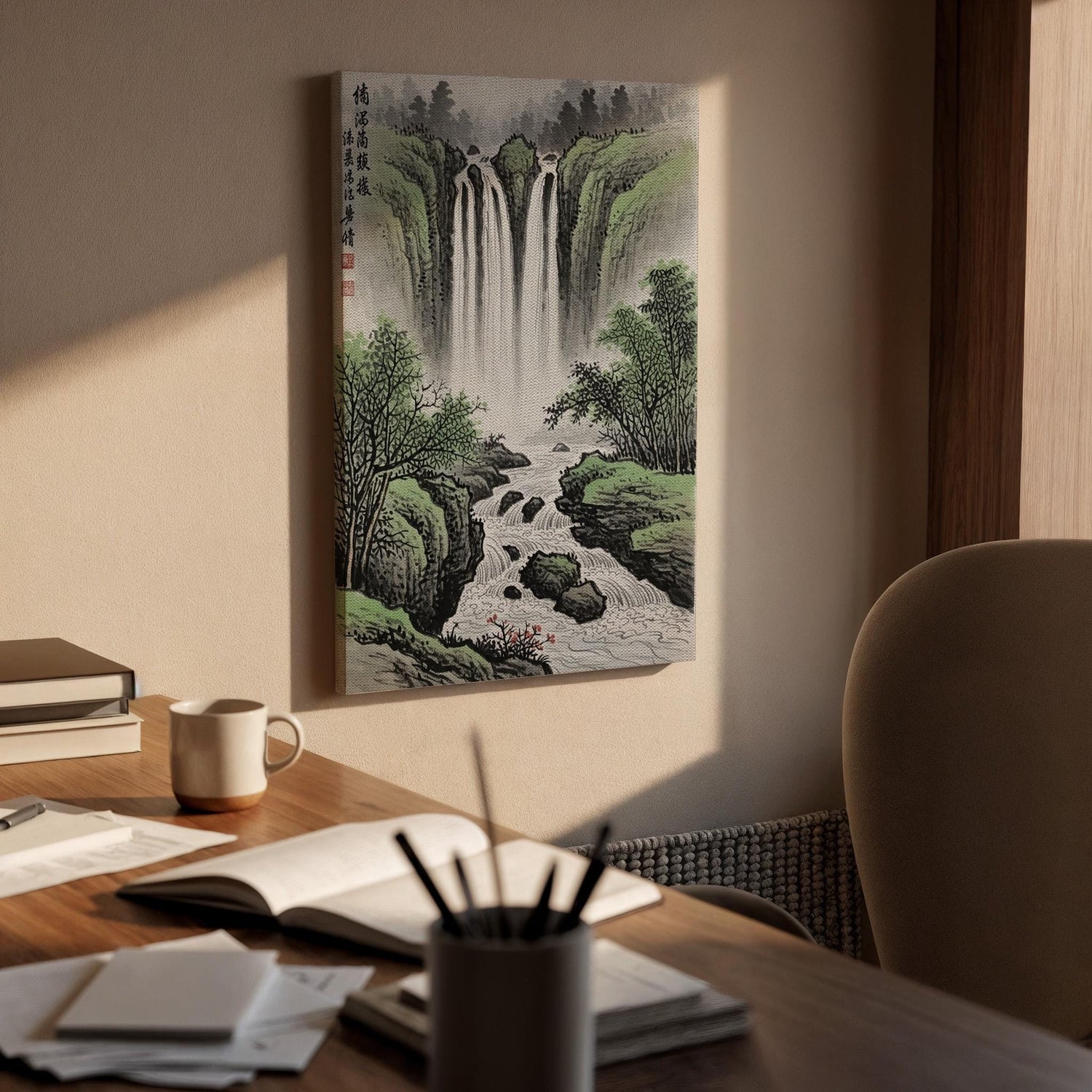 Oriental Waterfall Landscape Canvas Art, Traditional Asian Nature Painting, Serene Mountain River Scene, Zen Wall Decor, Framed Canvas Art