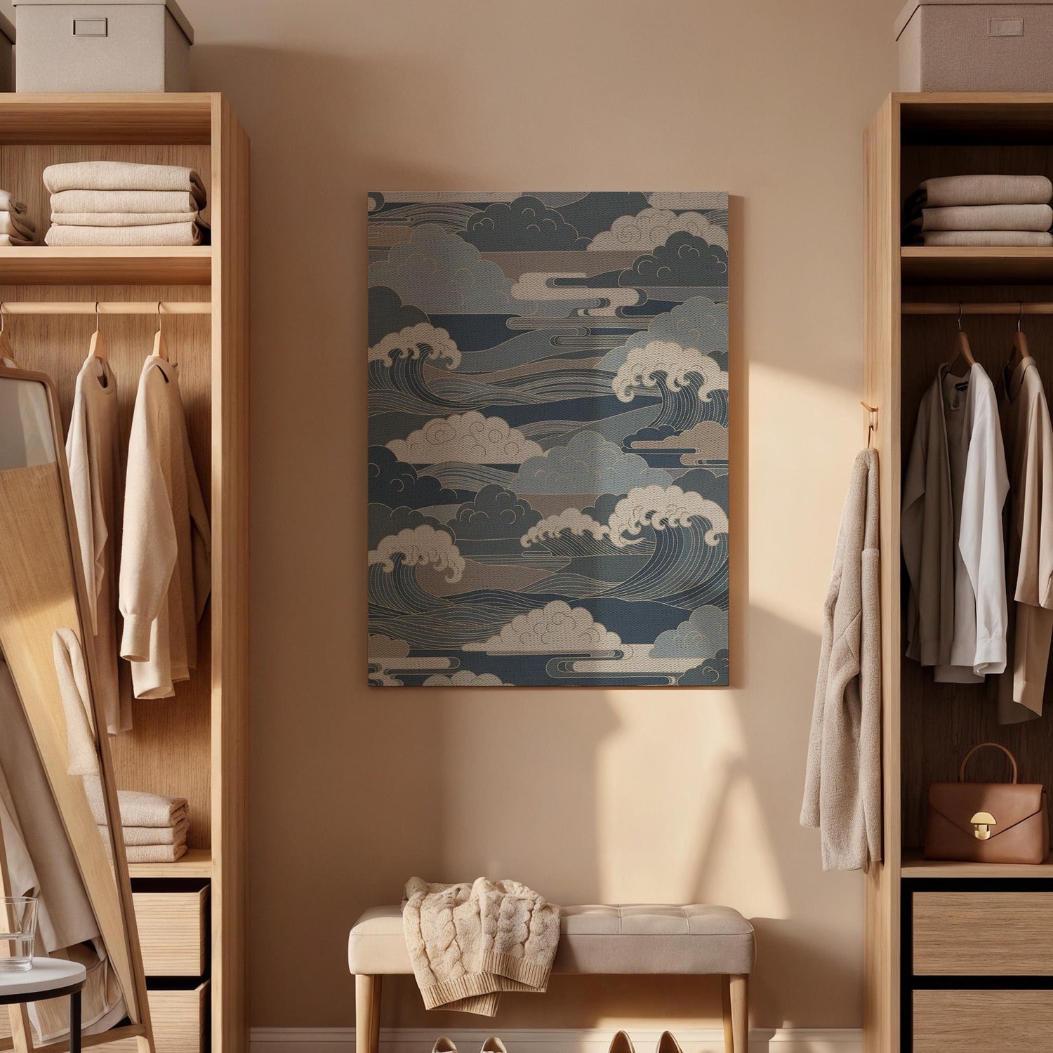 Japanese Wave Pattern Inspired Traditional Art Style, Framed Canvas Wall Artwork for Calm Balanced Modern and Minimal Interior Spaces