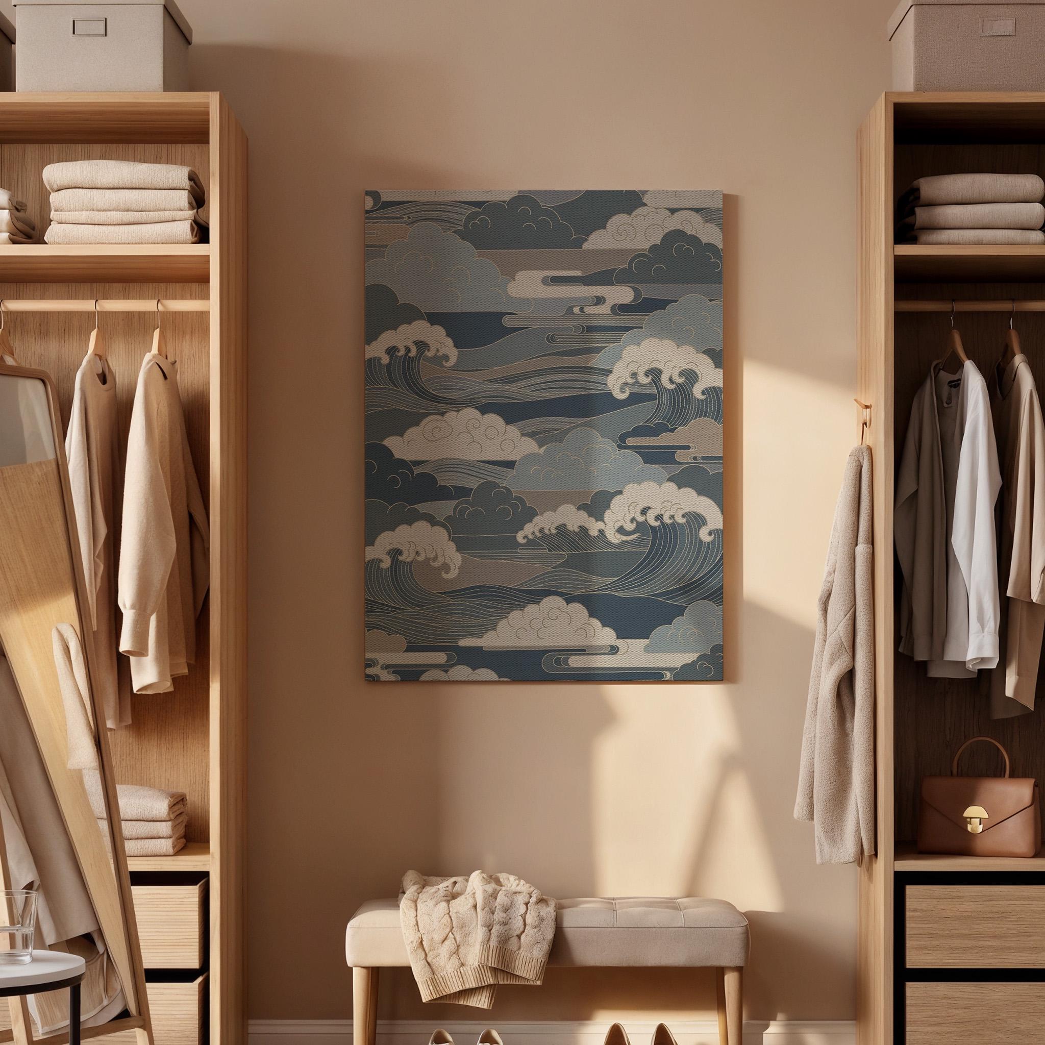 Japanese Wave Pattern Inspired Traditional Art Style, Framed Canvas Wall Artwork for Calm Balanced Modern and Minimal Interior Spaces